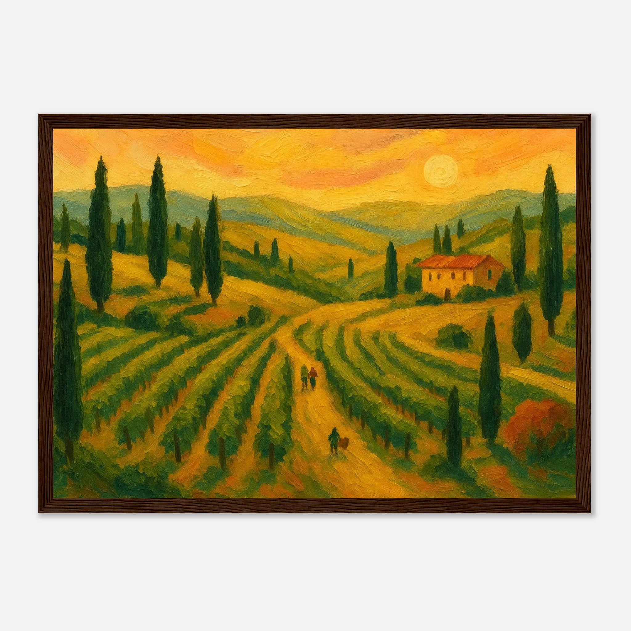Dark wood frame A3 (29.7 x 42 cm) - “Sunset Over Tuscany” | Golden Vineyard Landscape - Play By Print