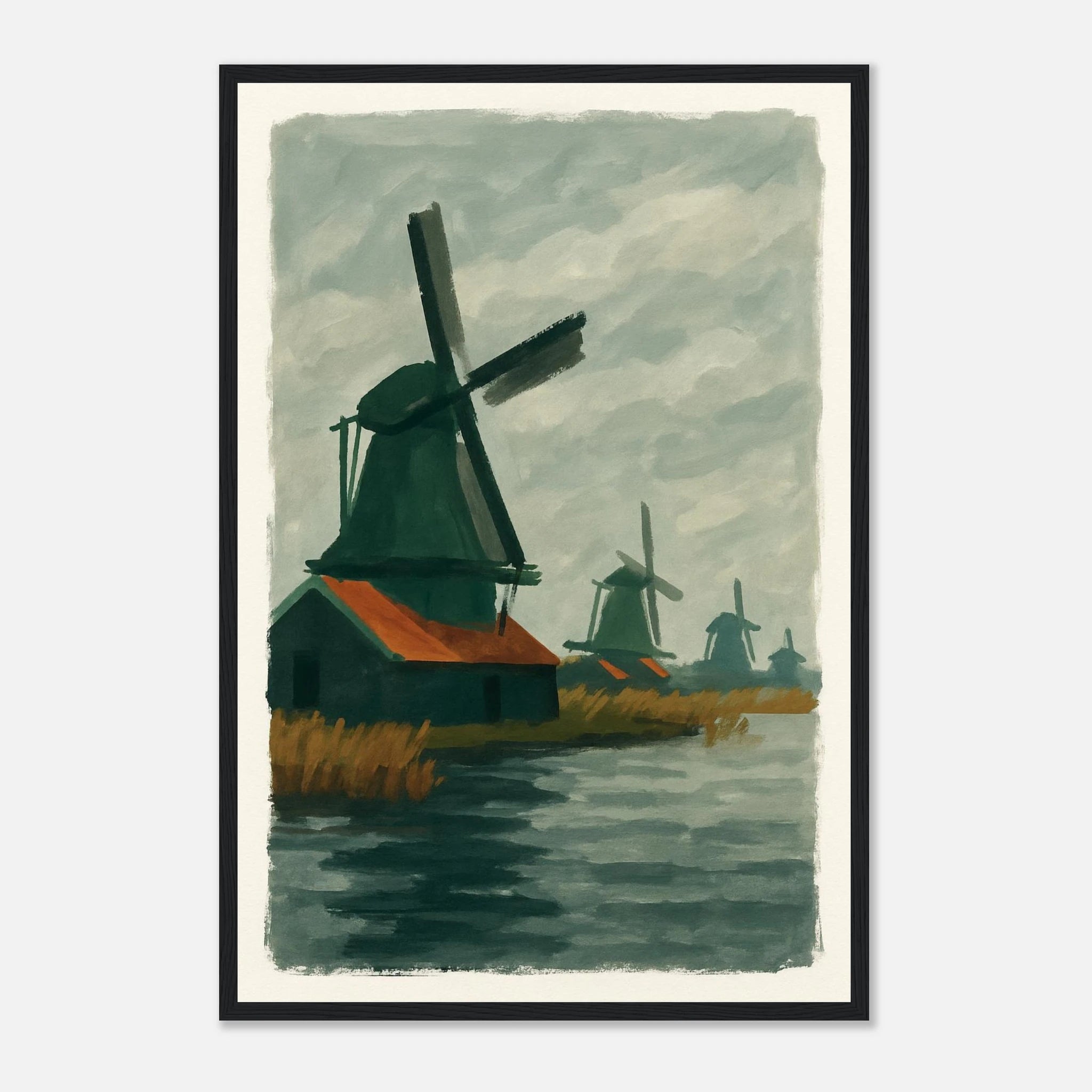 Black frame 40x60 cm 16x24″ - Dutch Windmills at Zaandam – Gouache-Style Art Print - Play By Print