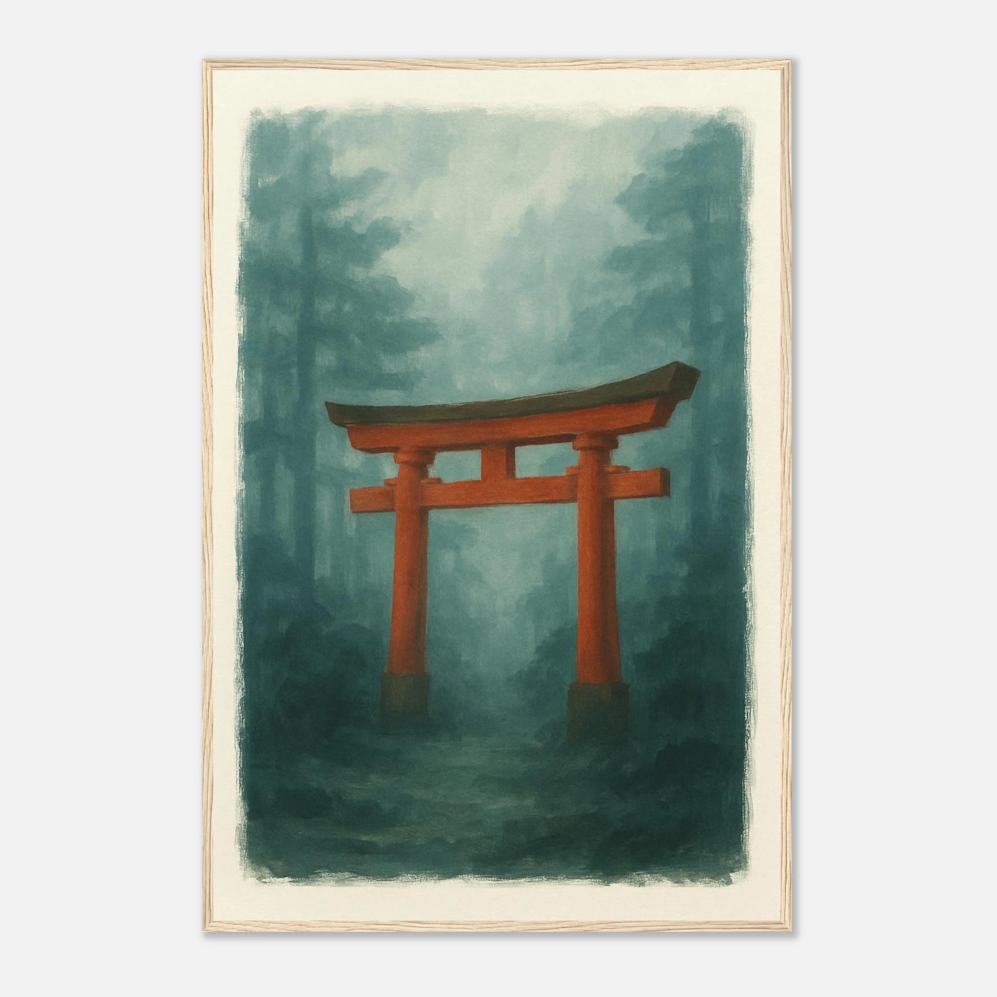 Wood frame 60x90 cm 24x36″ - Torii Gate in Mist – Gouache Japanese Landscape Art Print - Play By Print