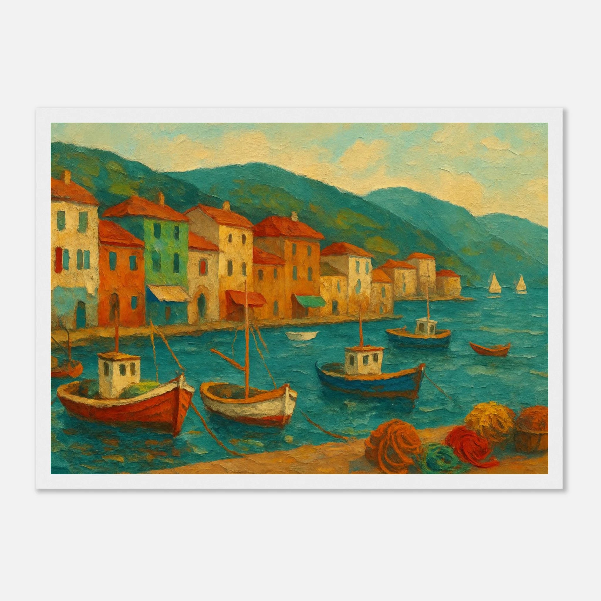 White frame A3 (29.7 x 42 cm) - Harbour Harmony – Mediterranean Village Wall Art Print - Play By Print