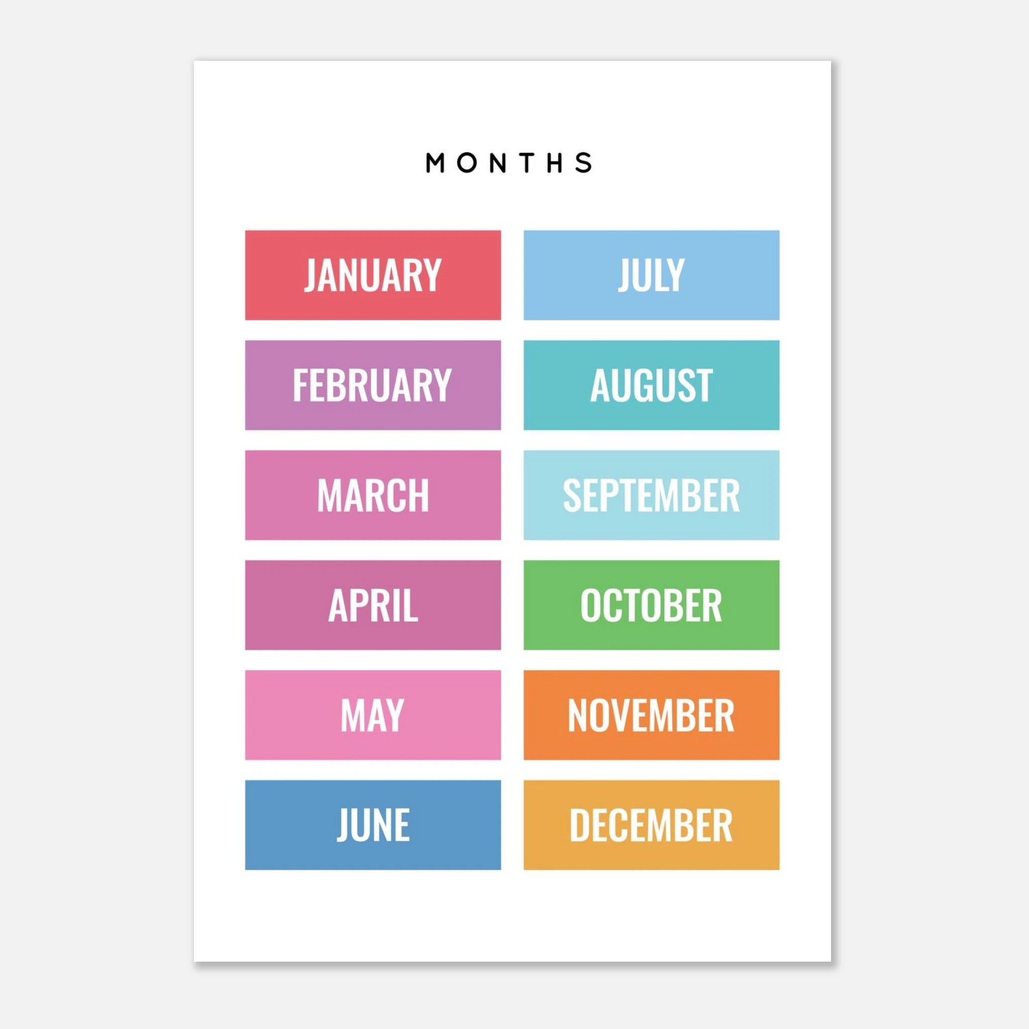 Unframed - Months of the Year Poster – Bright & Colourful Educational Print for Kids - Elena