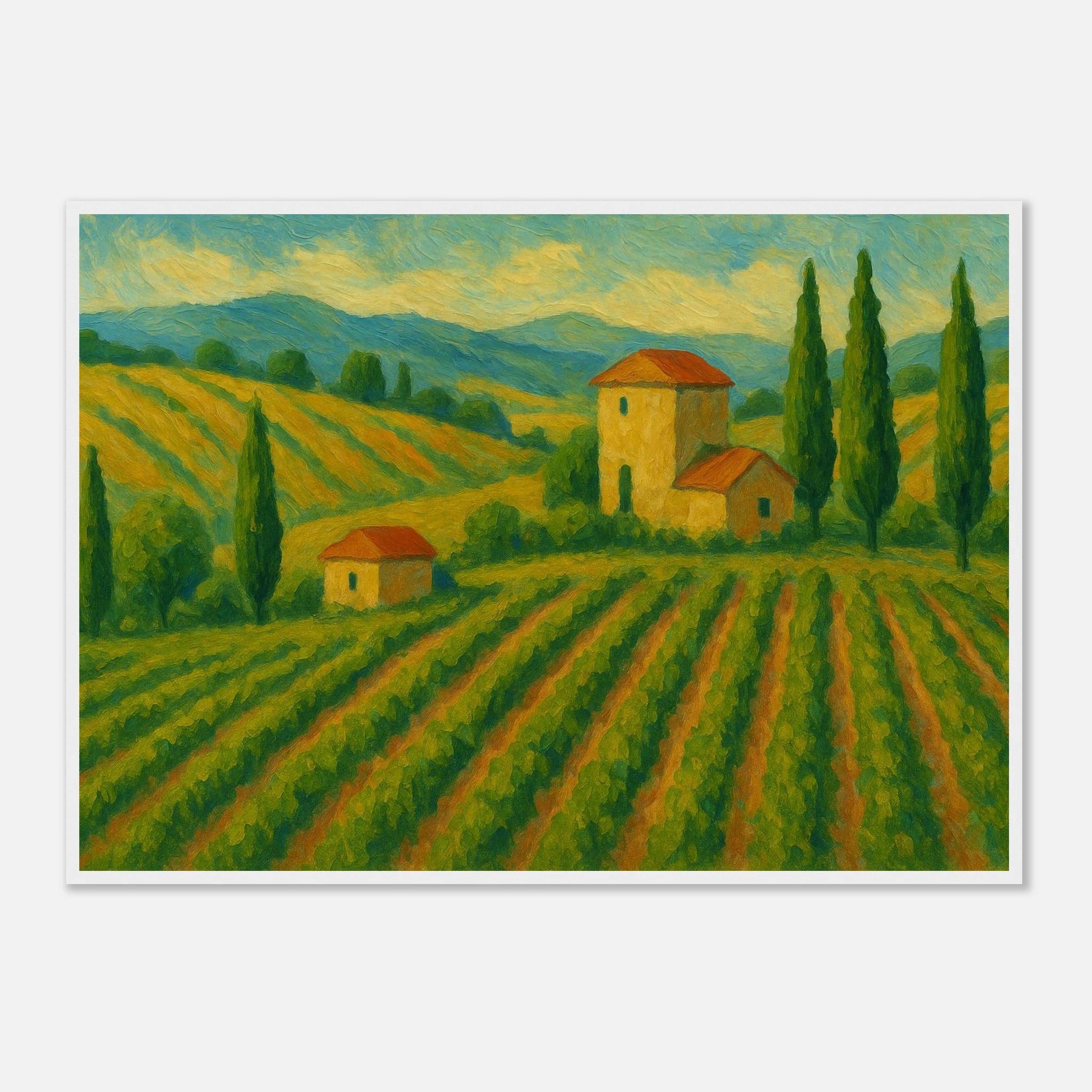 White frame A1 (59.4 x 84.1 cm) - Tuscan Serenity – Golden Vineyard Landscape Wall Art Print - Play By Print