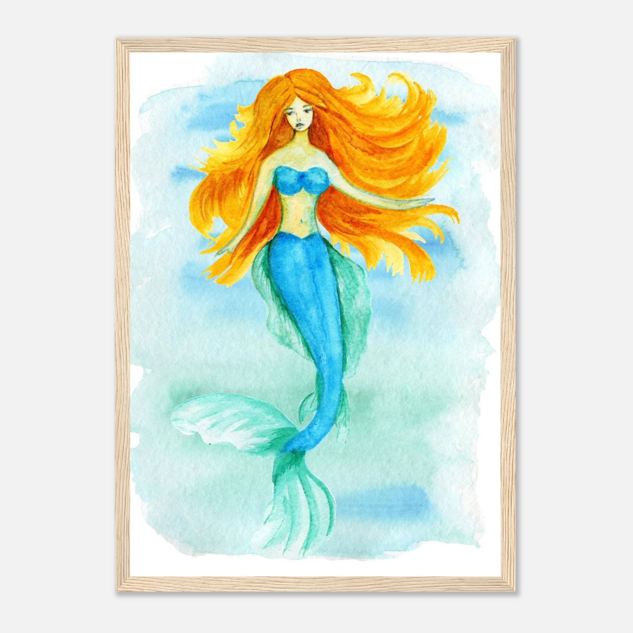 Wood frame - Ocean Beauty – Mermaid Watercolour Art Print 🧜♀️🌊 - Play By Print