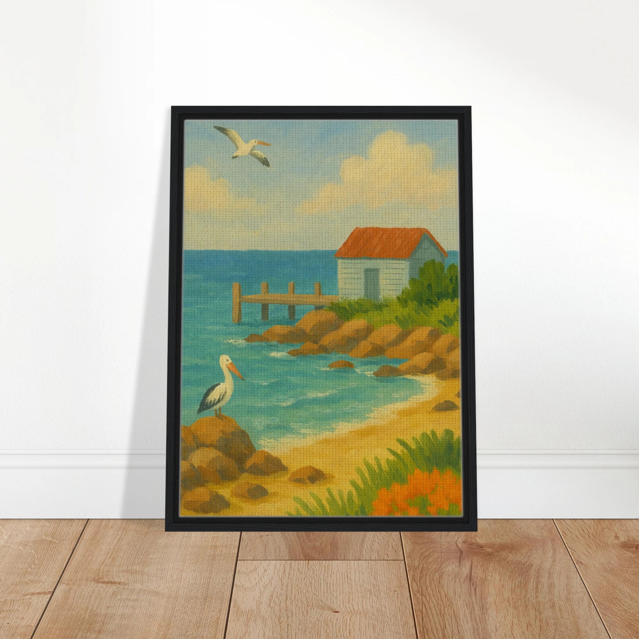 # all-groups - Seaside Jetty – Coastal Pelican Canvas Wall Art - Play By Print