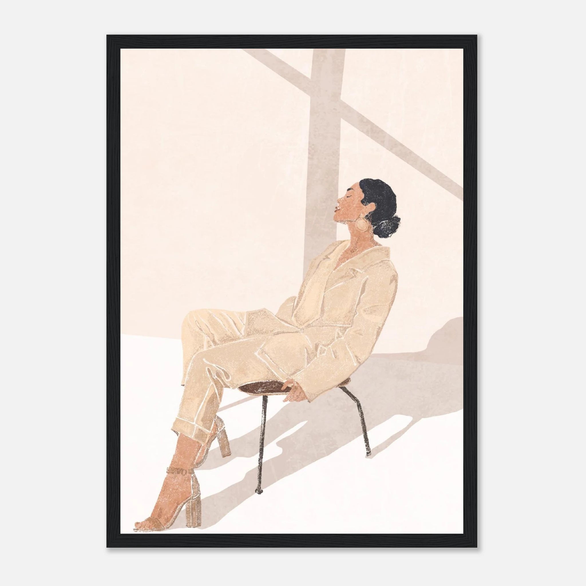 Black frame - Sunlit Muse – Minimalist Woman in Beige Outfit Wall Art Print - Play By Print