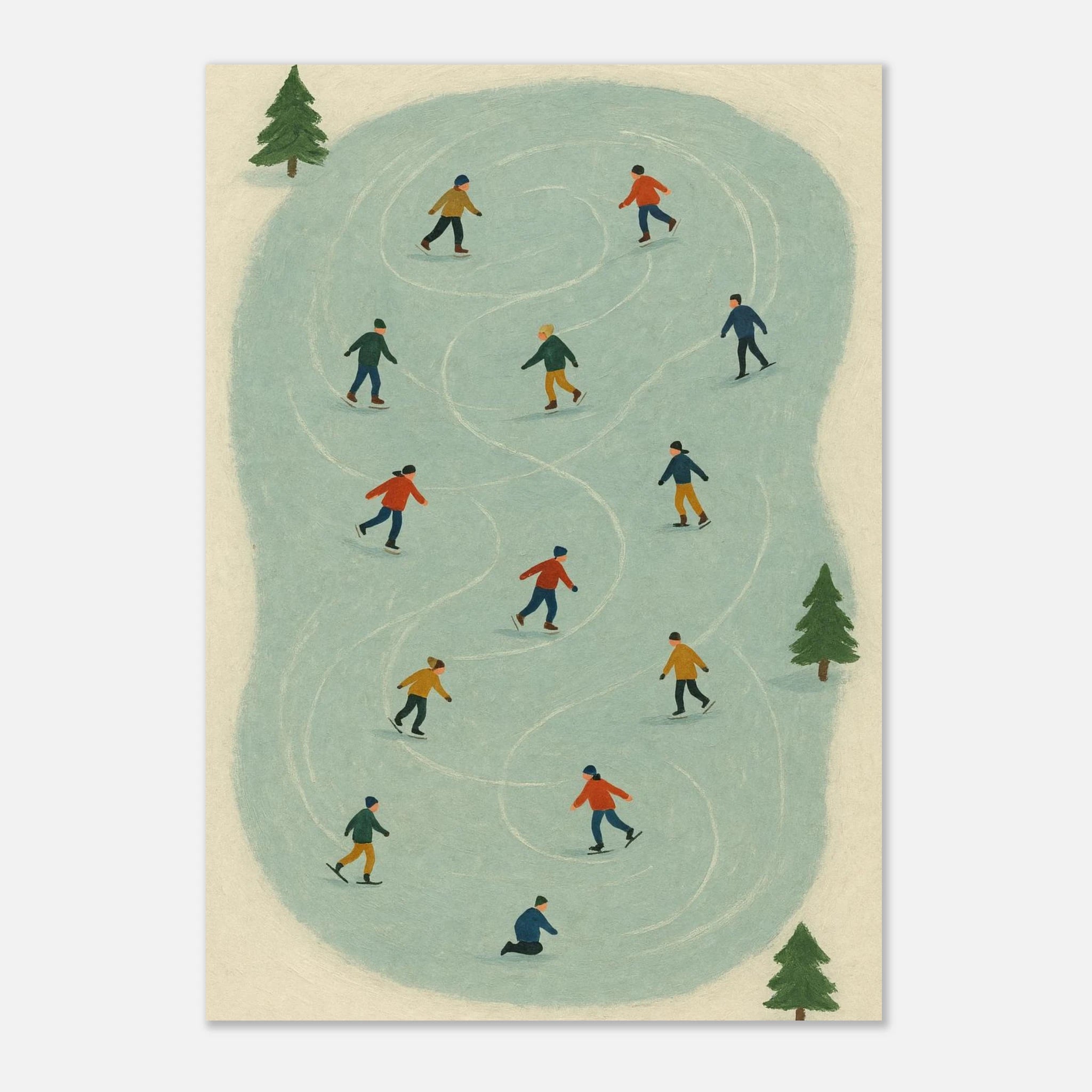 Unframed A3 (29.7 x 42 cm) - Winter Ice Skating Print | Whimsical Folk Art Style - Play By Print