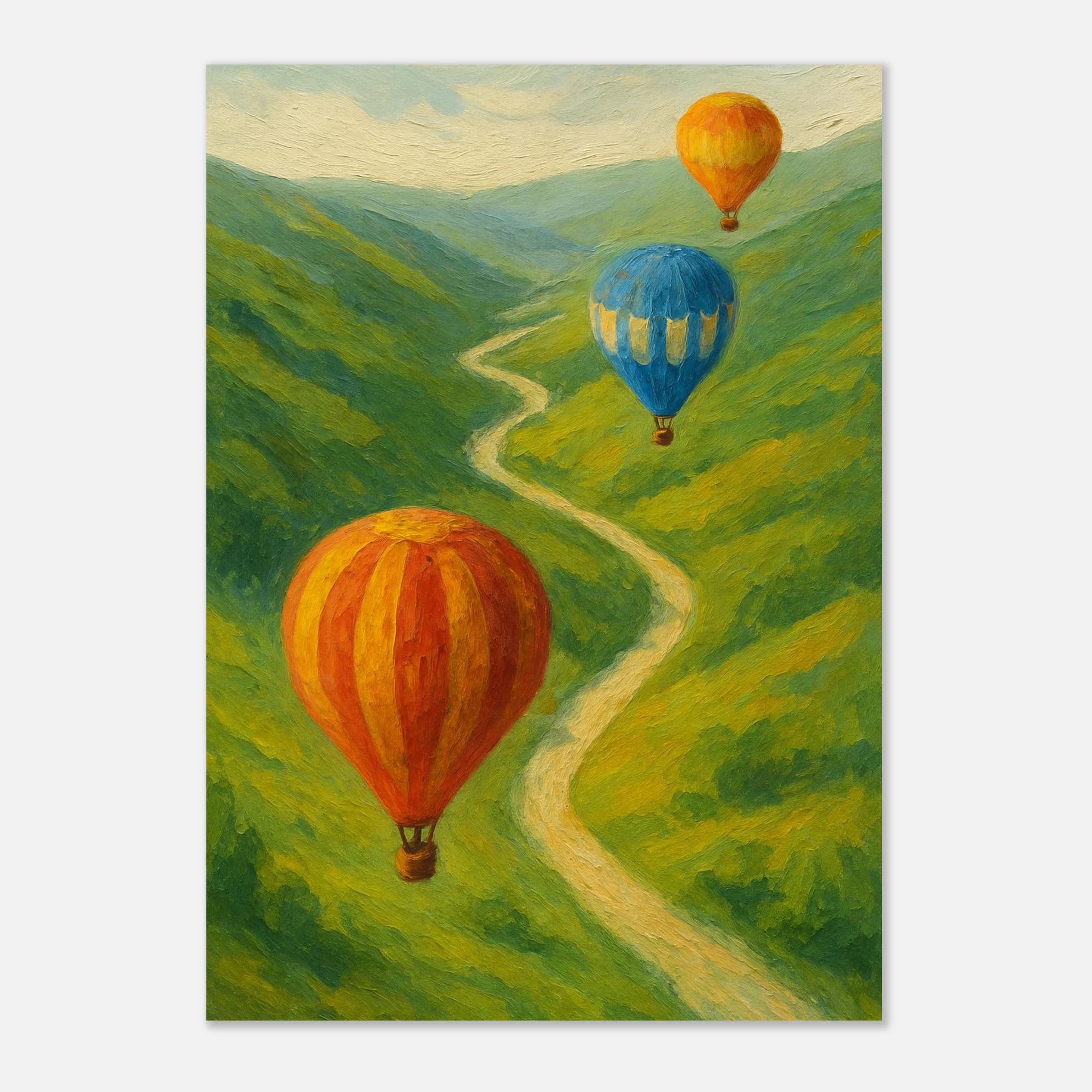Unframed A1 (59.4 x 84.1 cm) - Up & Away – Hot Air Balloons Over Green Hills Wall Art Print - Play By Print