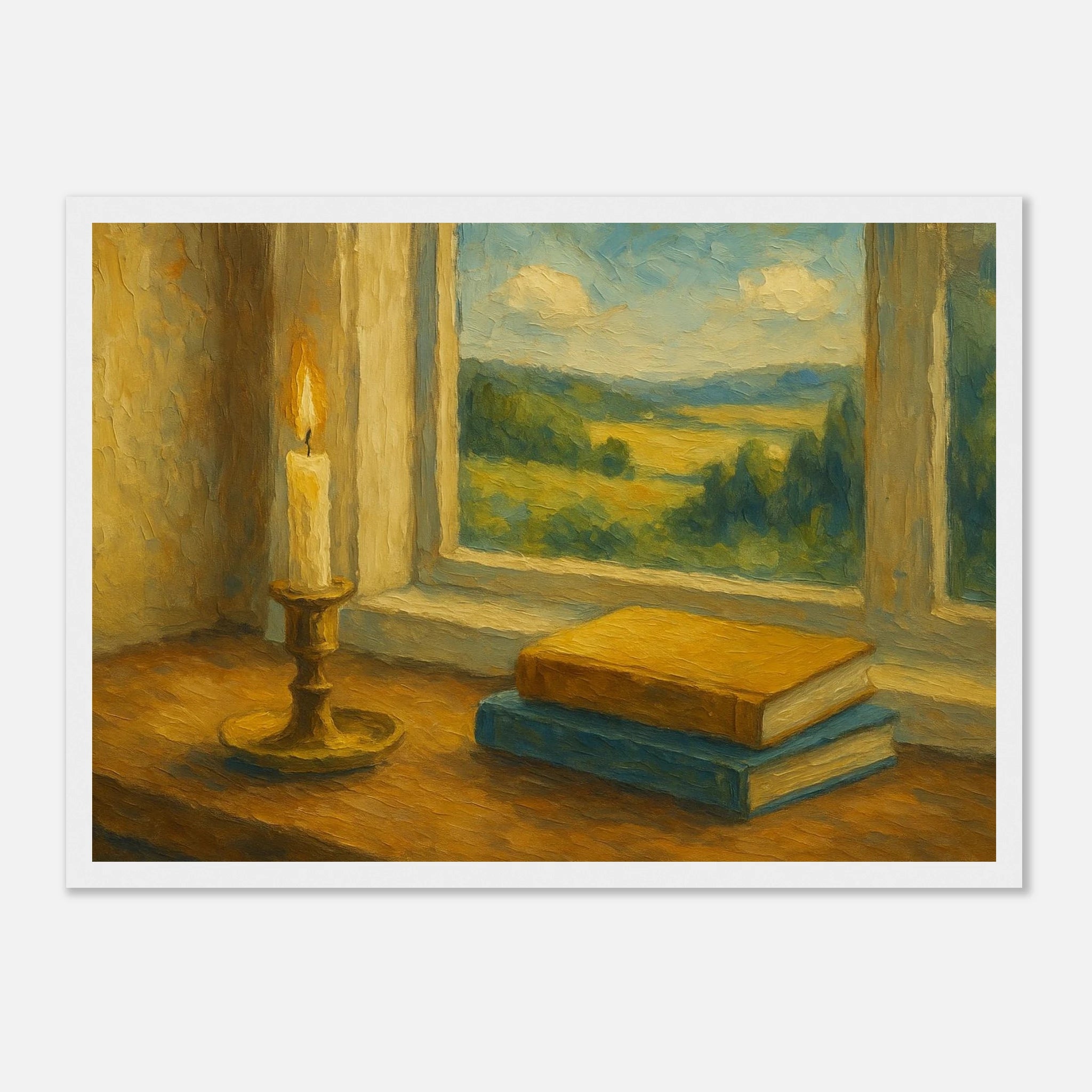 White frame A3 (29.7 x 42 cm) - “Golden Light & Quiet Pages” | Candlelit Window Still Life - Play By Print