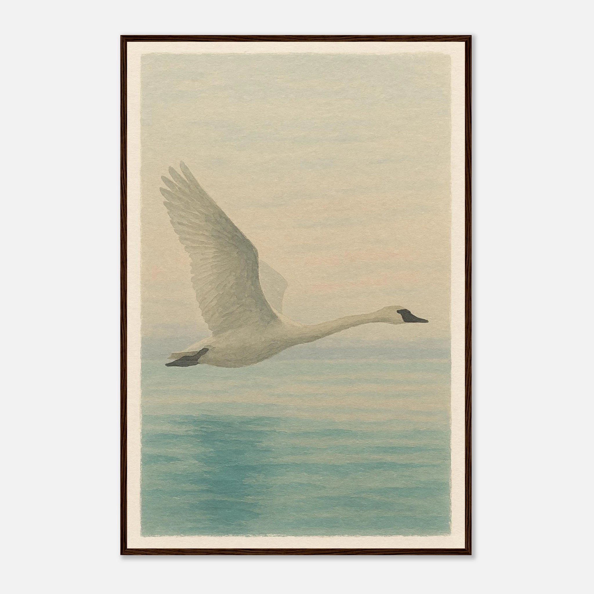 Dark wood frame 60x90 cm 24x36″ - Grace in Flight – Watercolour Swan Over Calm Waters - Play By Print