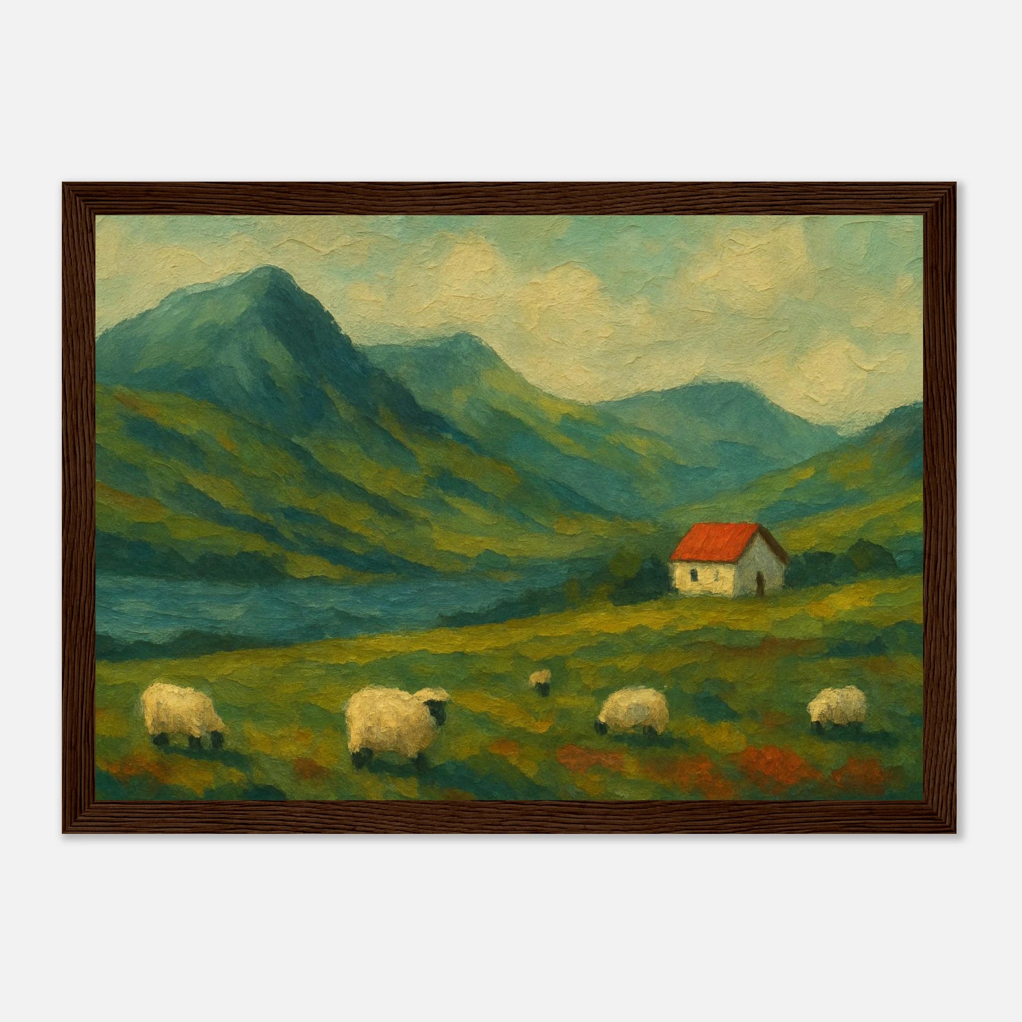 Dark wood frame 21x29.7 cm 8x12" - Hillside Haze – Countryside Sheep & Cottage Wall Art Print - Play By Print