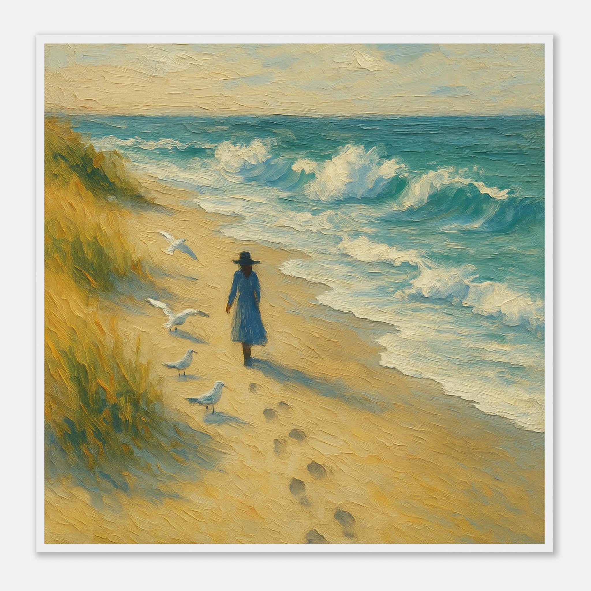 White frame 70x70 cm 28x28″ - “Soft Steps by the Sea” | Serene Coastal Art Print - Play By Print