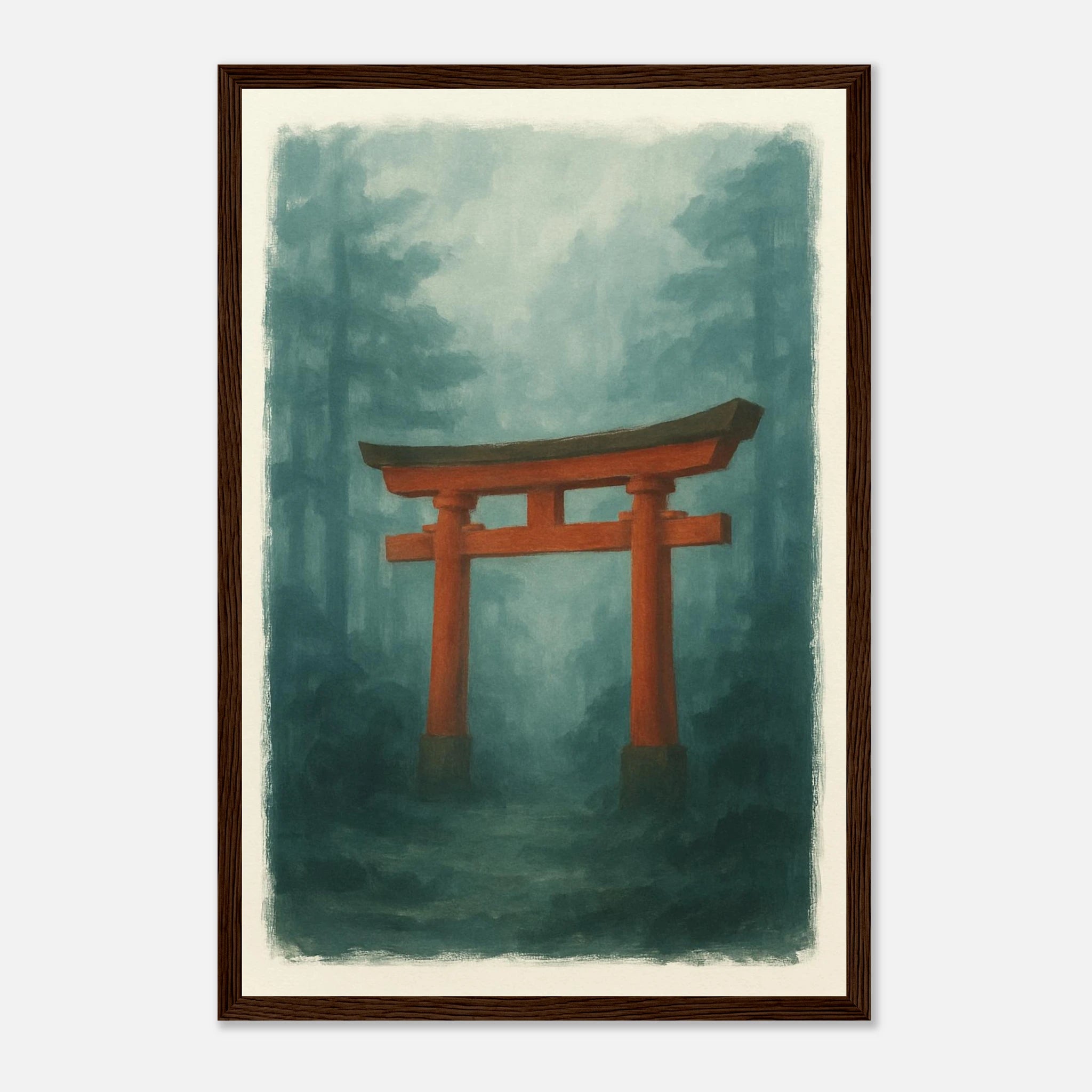 Dark wood frame 30x45 cm 12x18″ - Torii Gate in Mist – Gouache Japanese Landscape Art Print - Play By Print