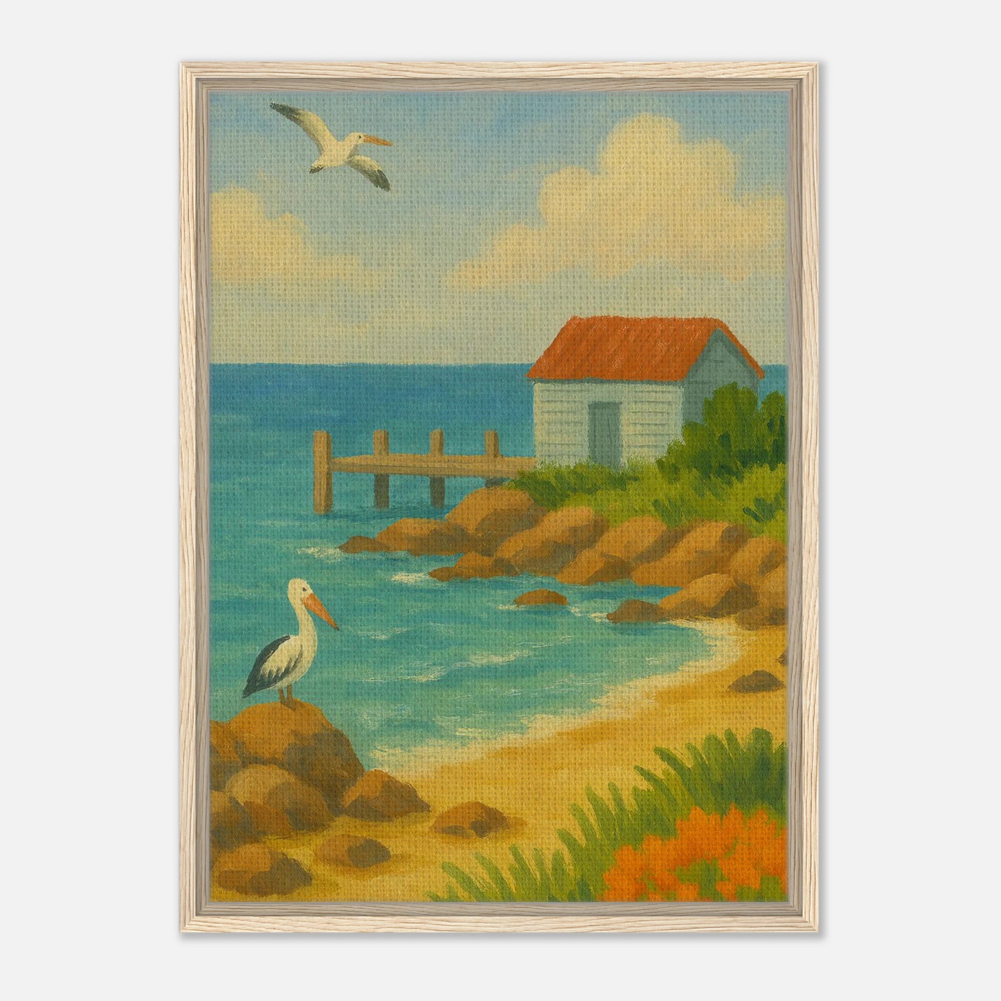 Wood frame 50x70 cm 20x28″ - Seaside Jetty – Coastal Pelican Canvas Wall Art - Play By Print