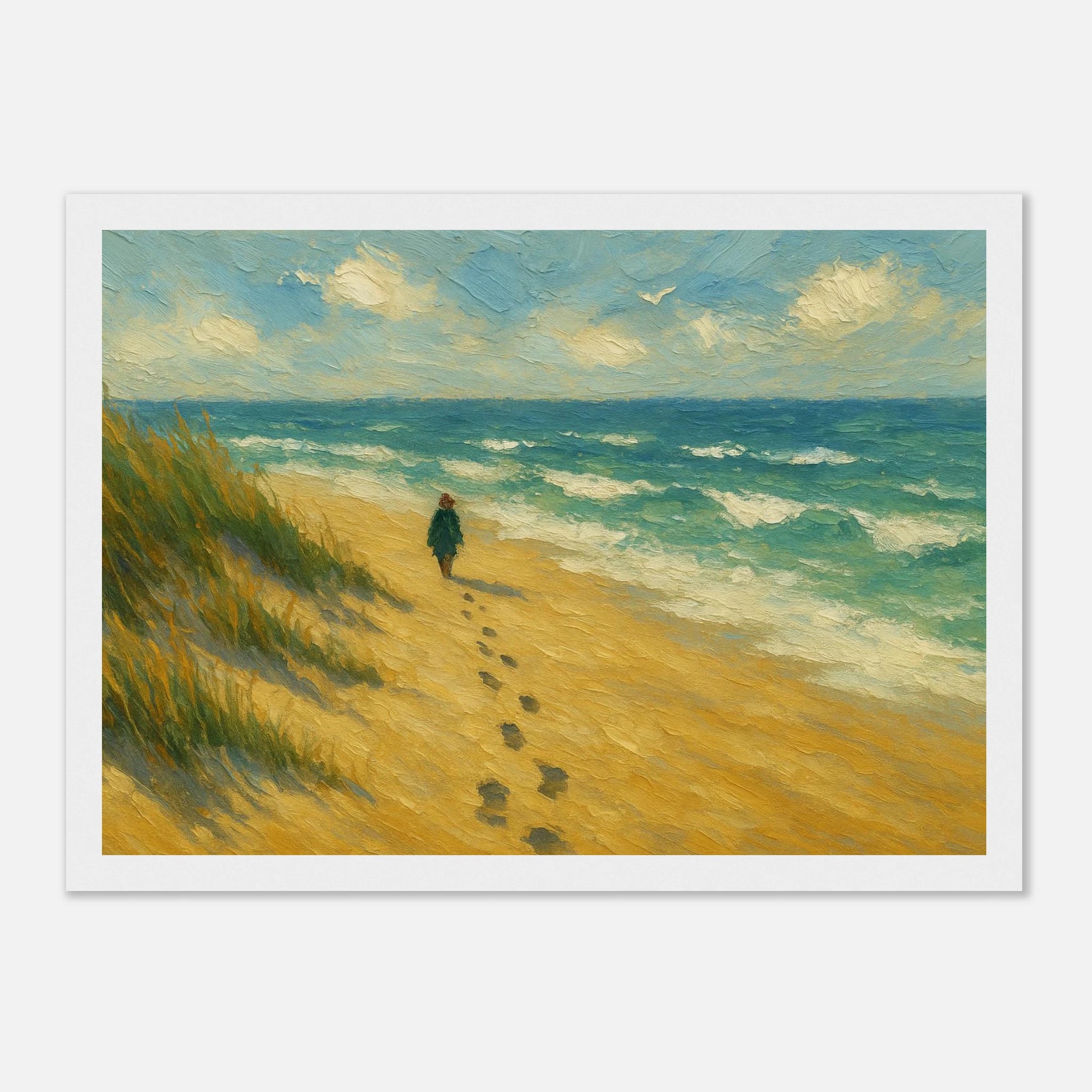 White frame 21x29.7 cm 8x12" - “Coastal Solitude” | Peaceful Beach Walk - Play By Print