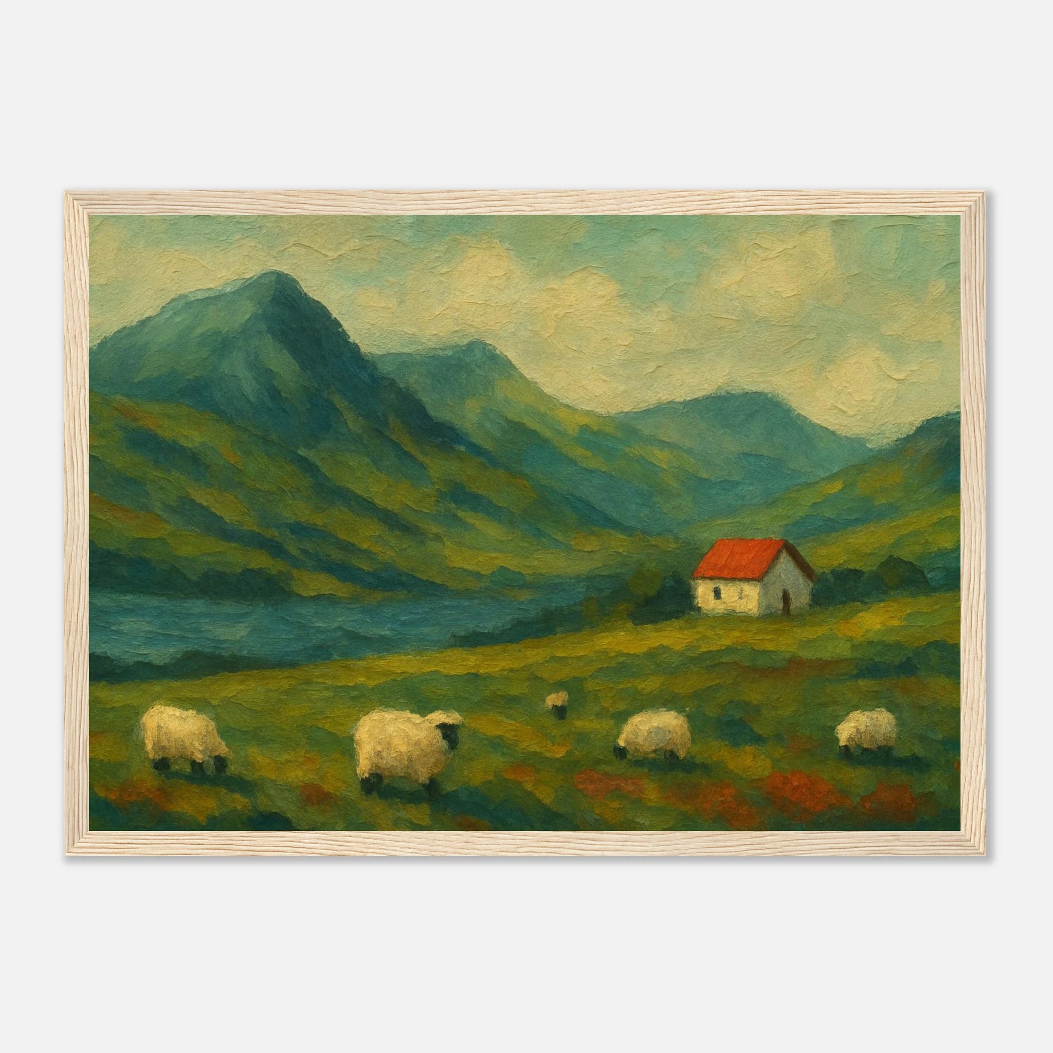 Wood frame A3 (29.7 x 42 cm) - Hillside Haze – Countryside Sheep & Cottage Wall Art Print - Play By Print