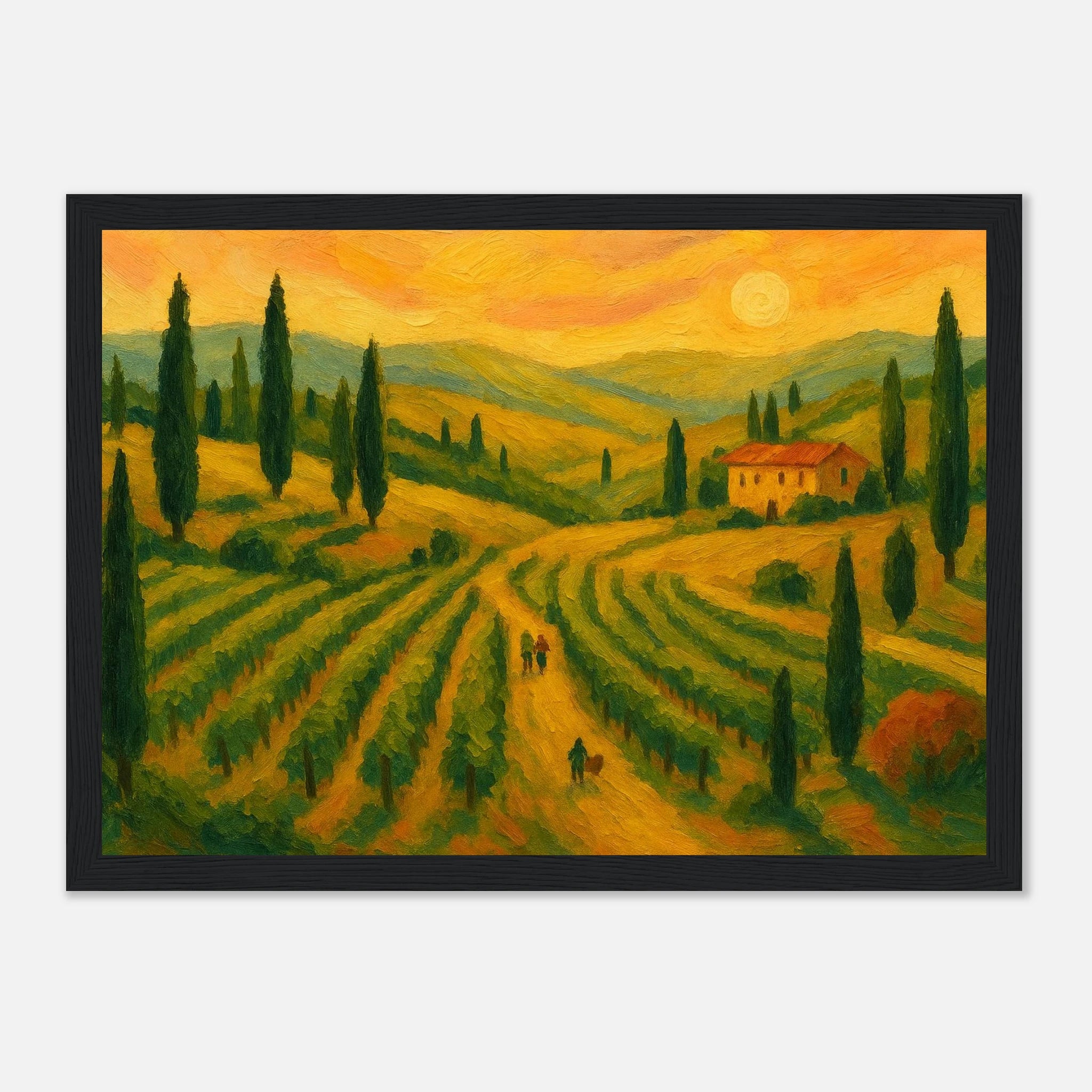 Black frame 21x29.7 cm 8x12" - “Sunset Over Tuscany” | Golden Vineyard Landscape - Play By Print