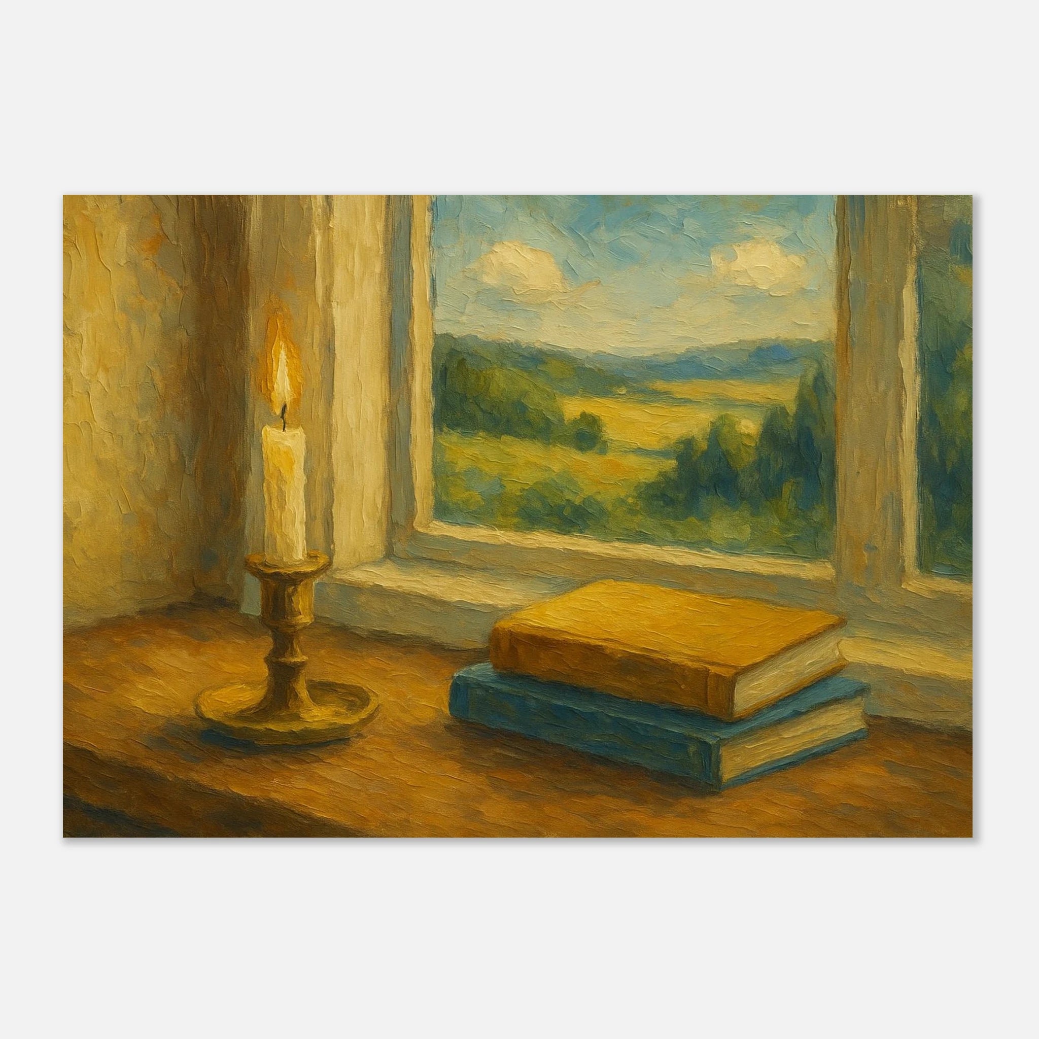 Unframed A1 (59.4 x 84.1 cm) - “Golden Light & Quiet Pages” | Candlelit Window Still Life - Play By Print