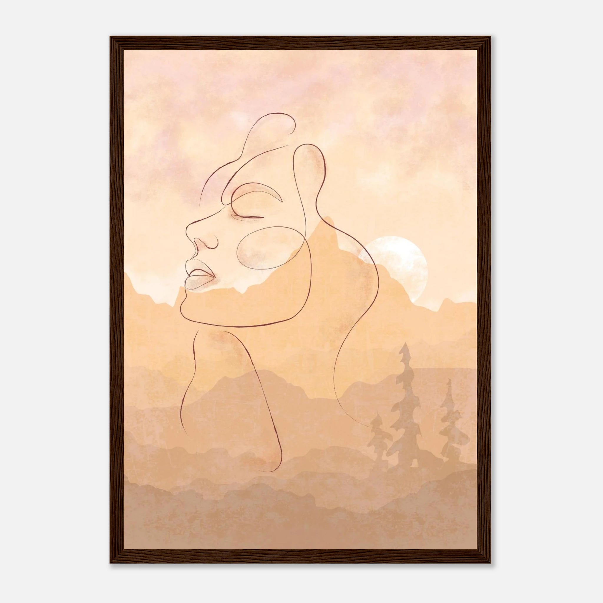 Dark wood frame - Sunset Muse – Minimal Line Art Portrait with Blush Mountain Landscape - Daisy
