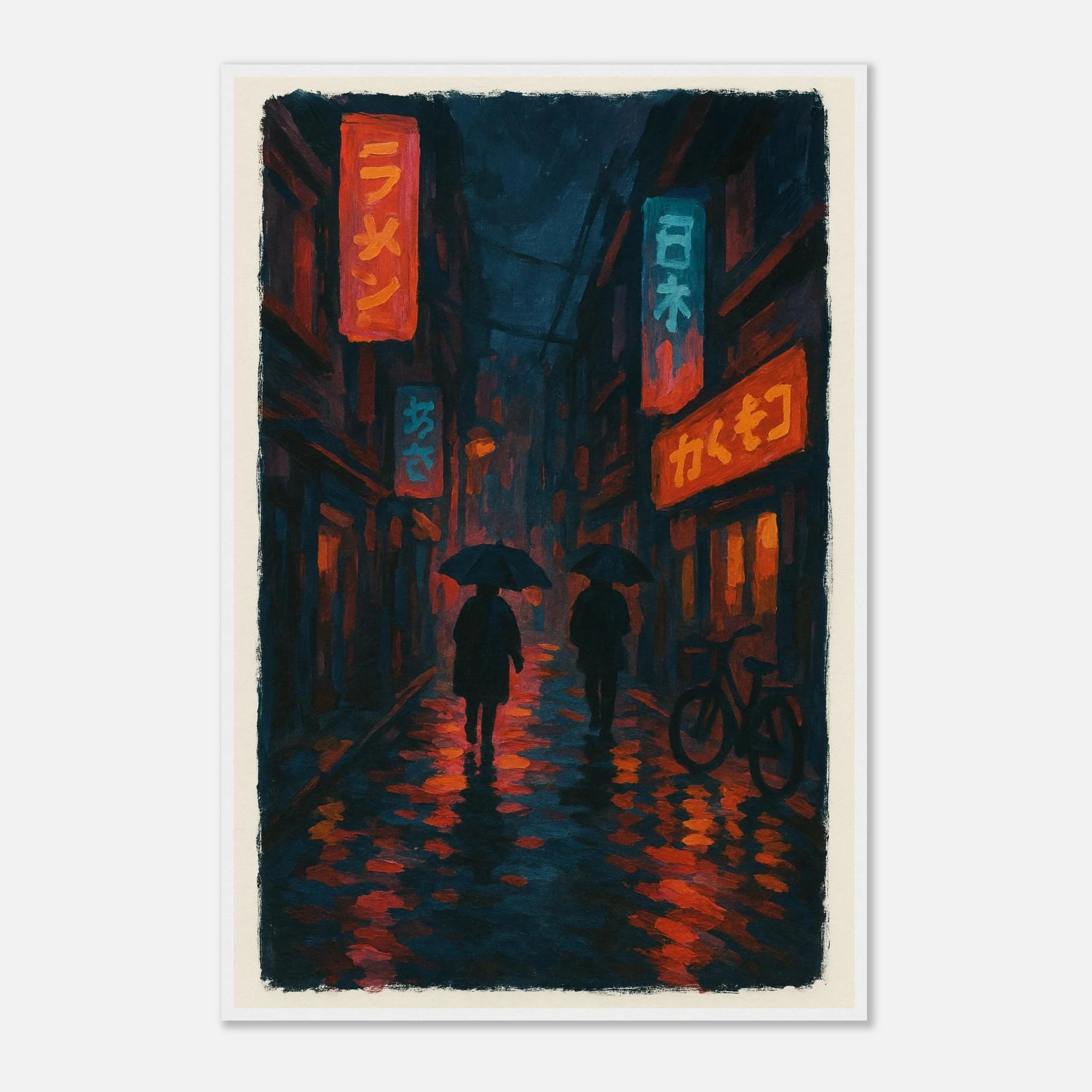 White frame 60x90 cm 24x36″ - City Shadows – Rainy Night in Tokyo Neon Alley Print - Play By Print