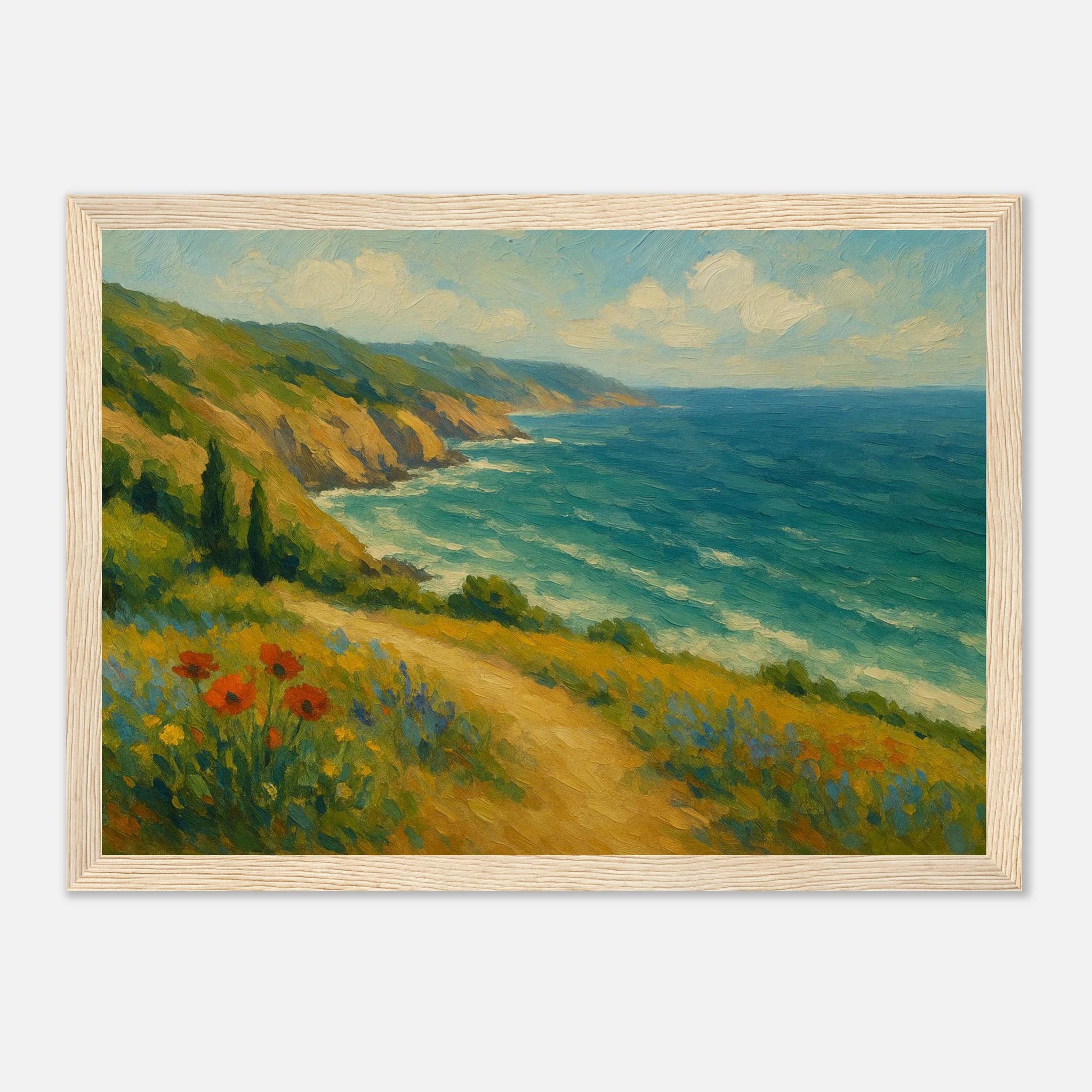 Wood frame 21x29.7 cm 8x12" - “Coastal Wildflowers & Whispering Waves” | Ocean Cliff Landscape - Play By Print