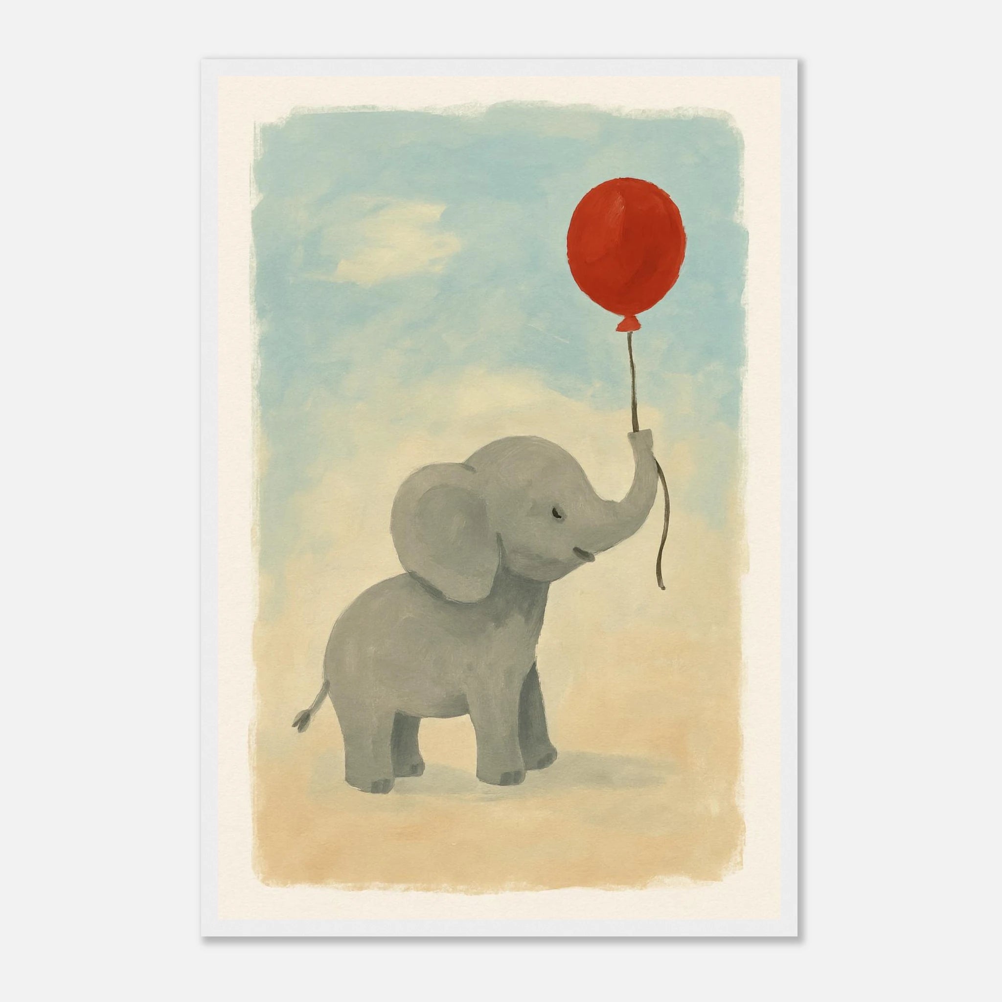 White frame 40x60 cm 16x24″ - Baby Elephant with Balloon – Gouache Nursery Art Print - Play By Print