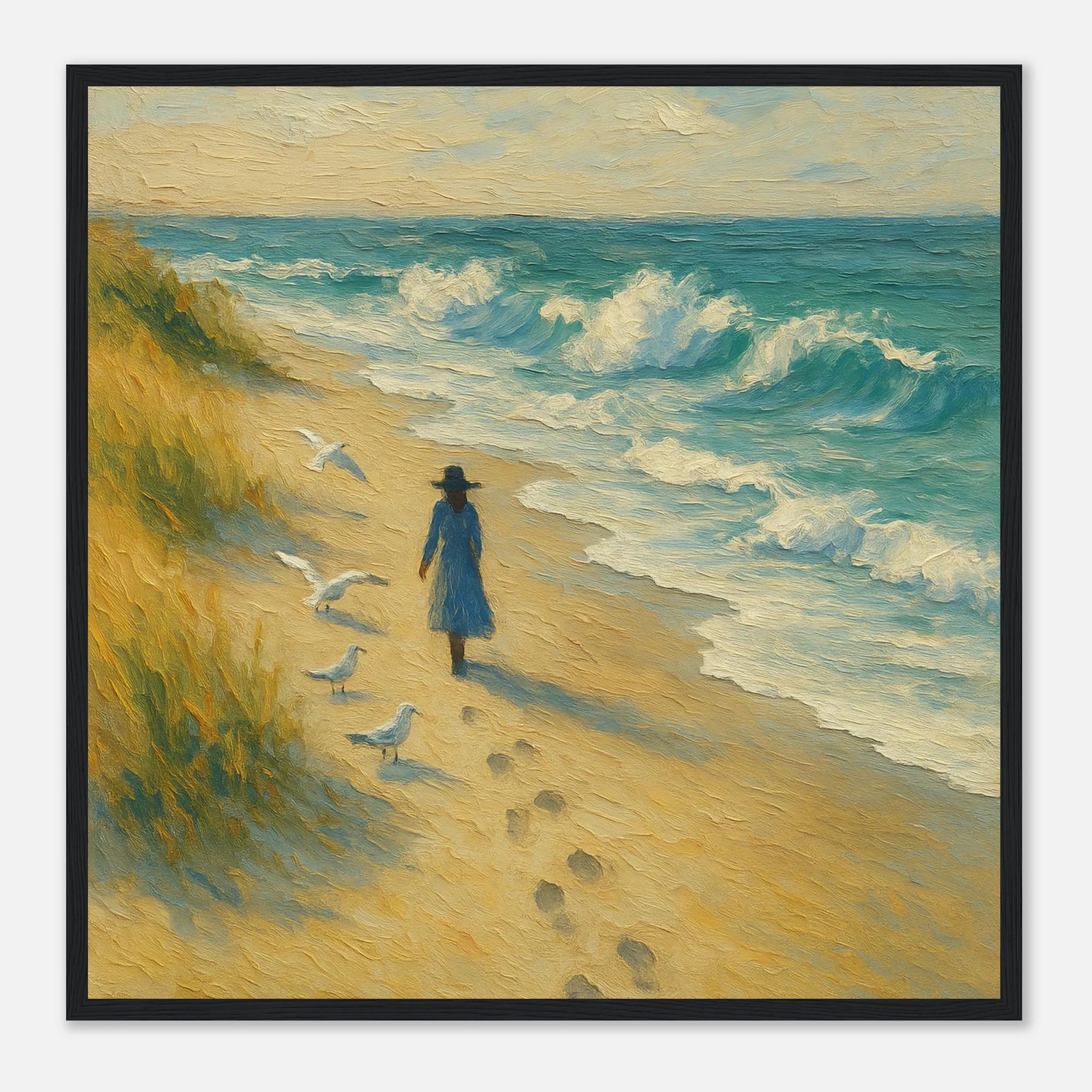 Black frame 50x50 cm 20x20″ - “Soft Steps by the Sea” | Serene Coastal Art Print - Play By Print