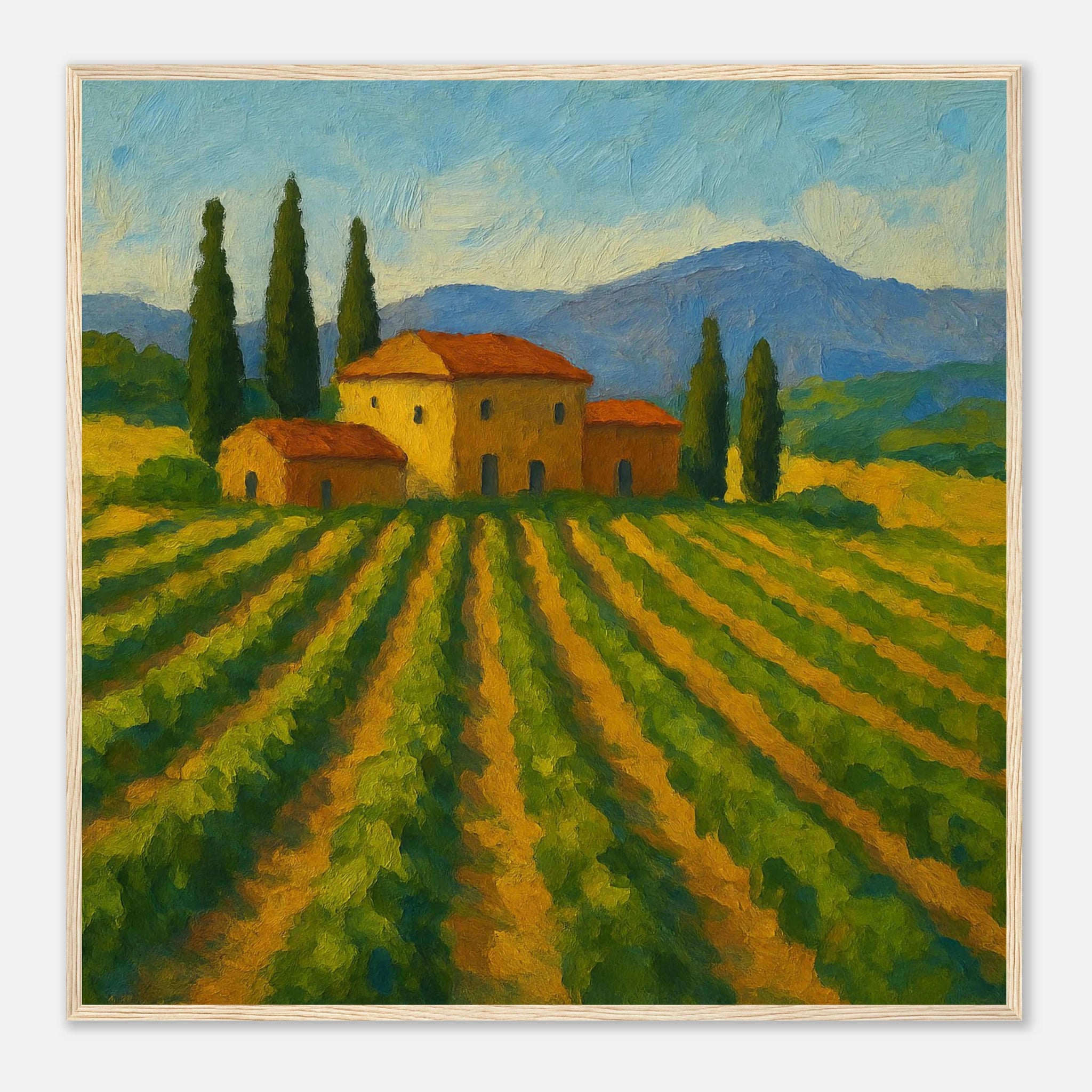 Wood frame 70x70 cm 28x28″ - “Golden Rows” | Tuscany Vineyard Landscape Print - Play By Print
