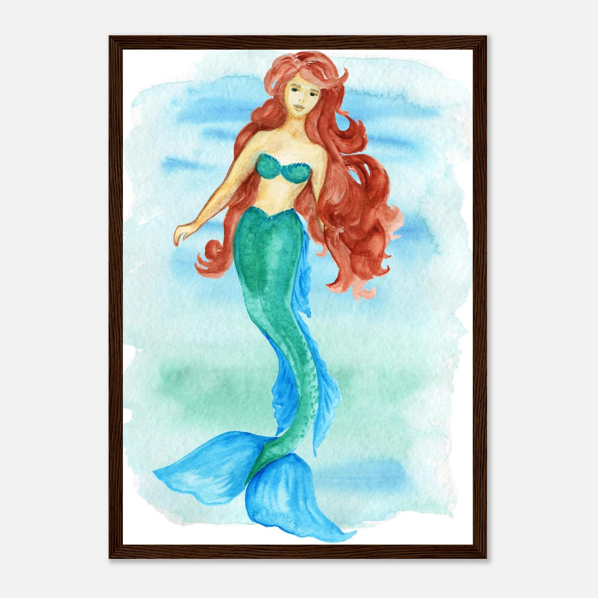 Dark wood frame - Grace of the Sea – Red-Haired Mermaid Art Print 🐚🧜♀️ - Play By Print
