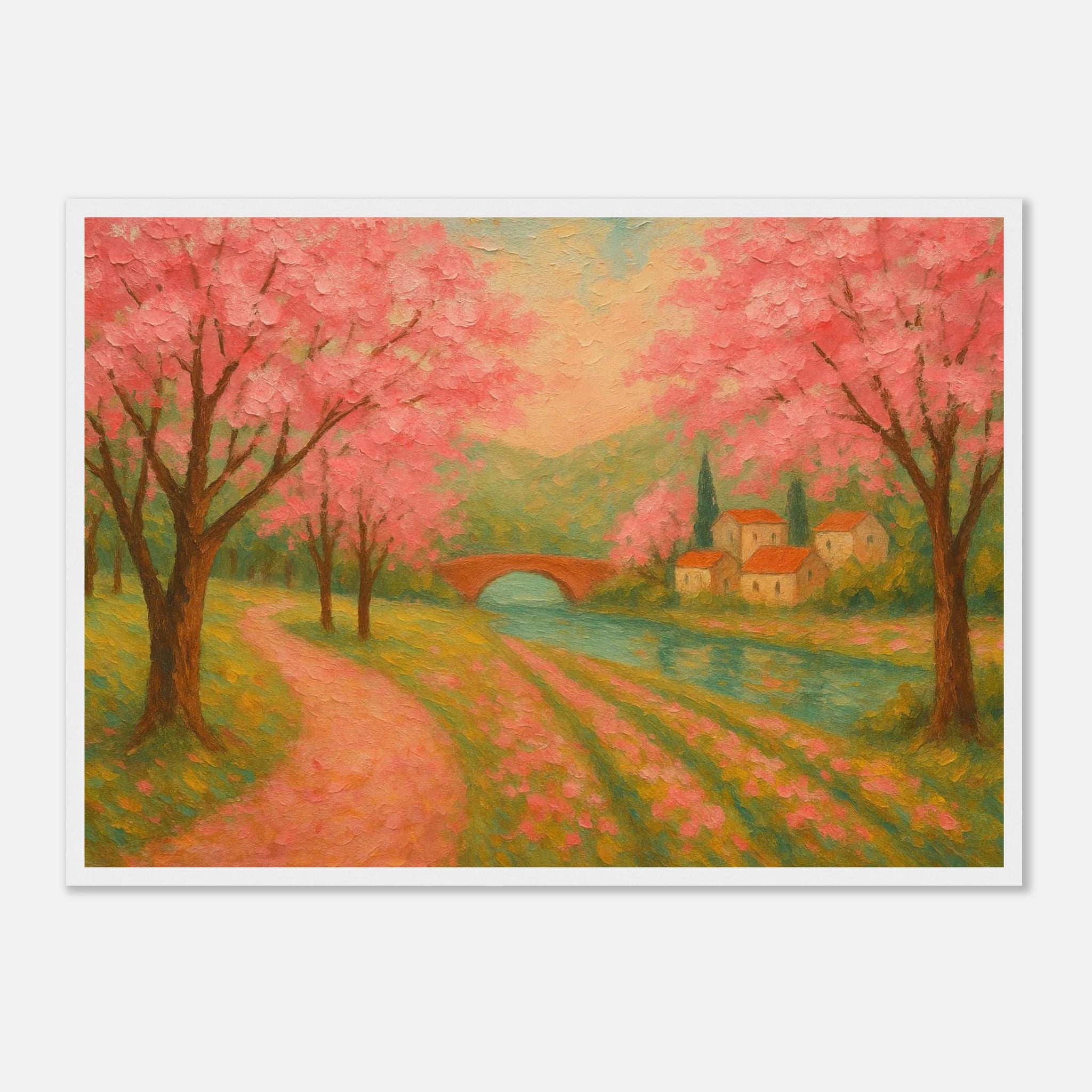White frame A2 (42 x 59.4 cm) - Spring Cherry Blossom Lane – Pink Blossoms by the River Art Print - Play By Print
