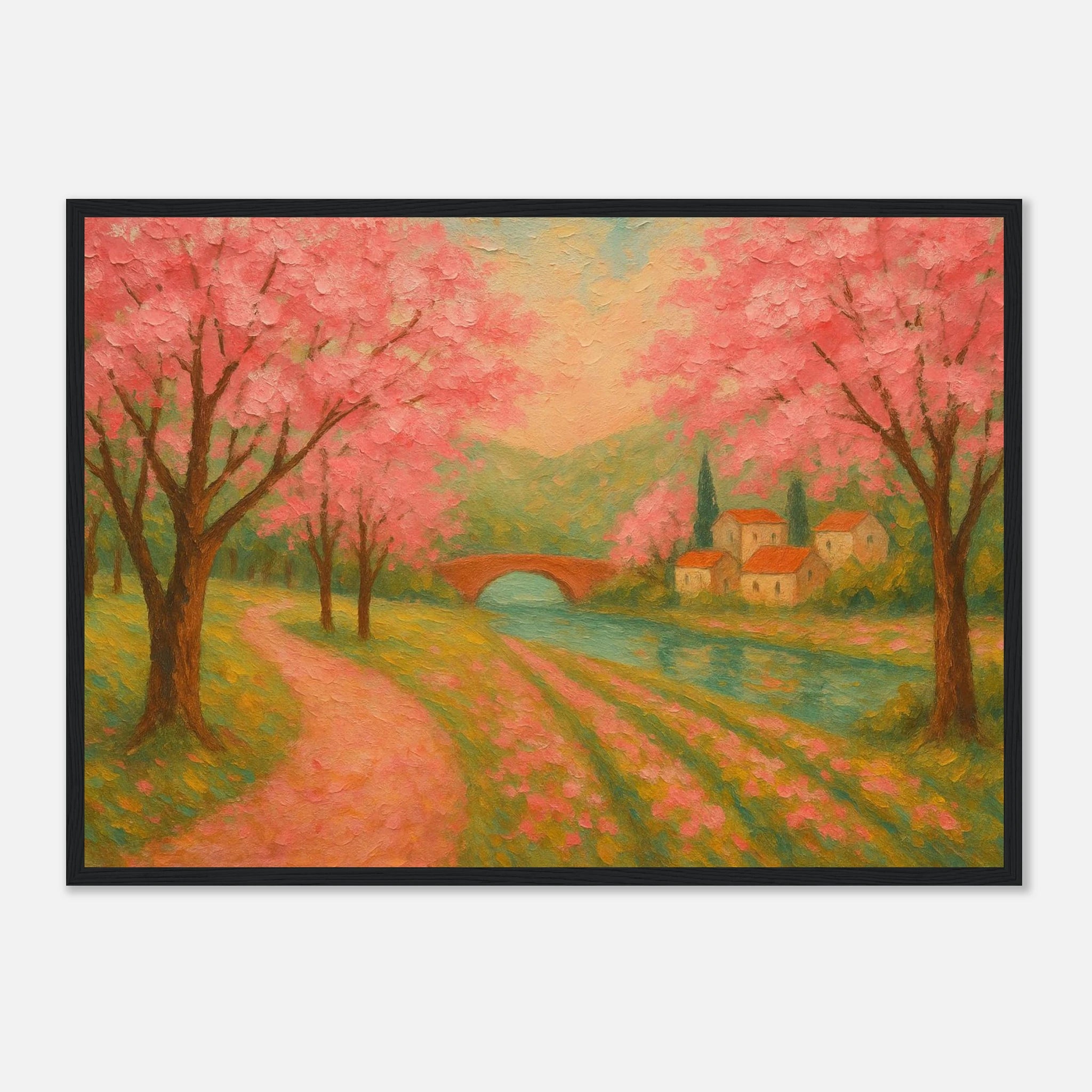 Black frame A2 (42 x 59.4 cm) - Spring Cherry Blossom Lane – Pink Blossoms by the River Art Print - Play By Print