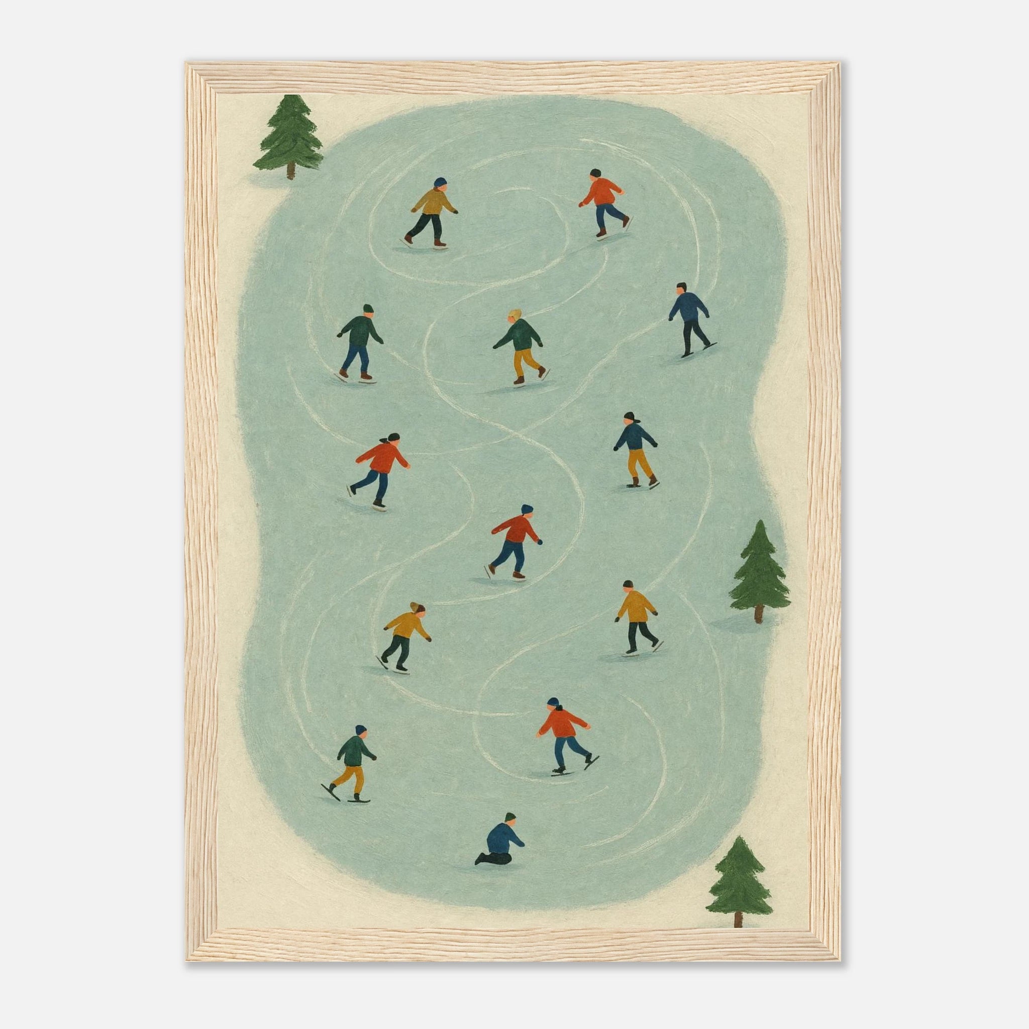 Wood frame 21x29.7 cm 8x12" - Winter Ice Skating Print | Whimsical Folk Art Style - Play By Print