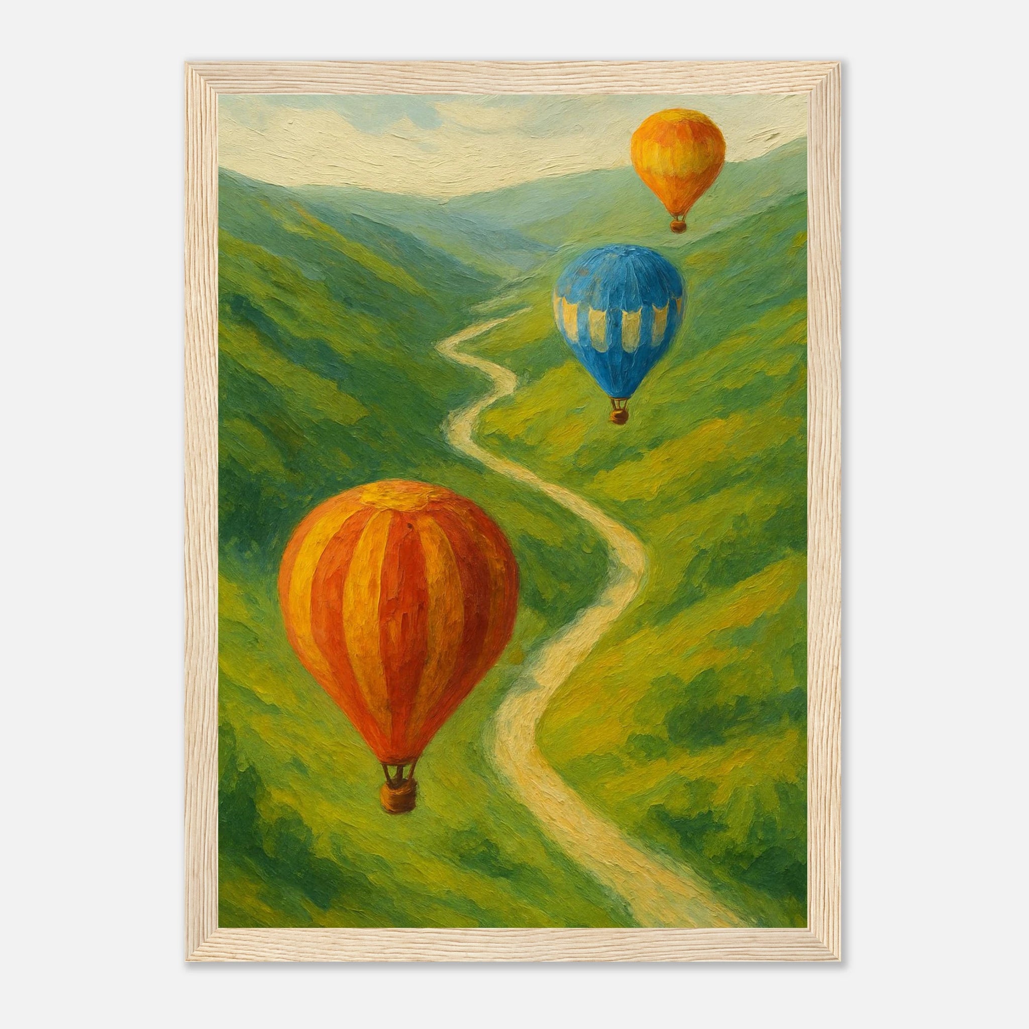 Wood frame 21x29.7 cm 8x12" - Up & Away – Hot Air Balloons Over Green Hills Wall Art Print - Play By Print