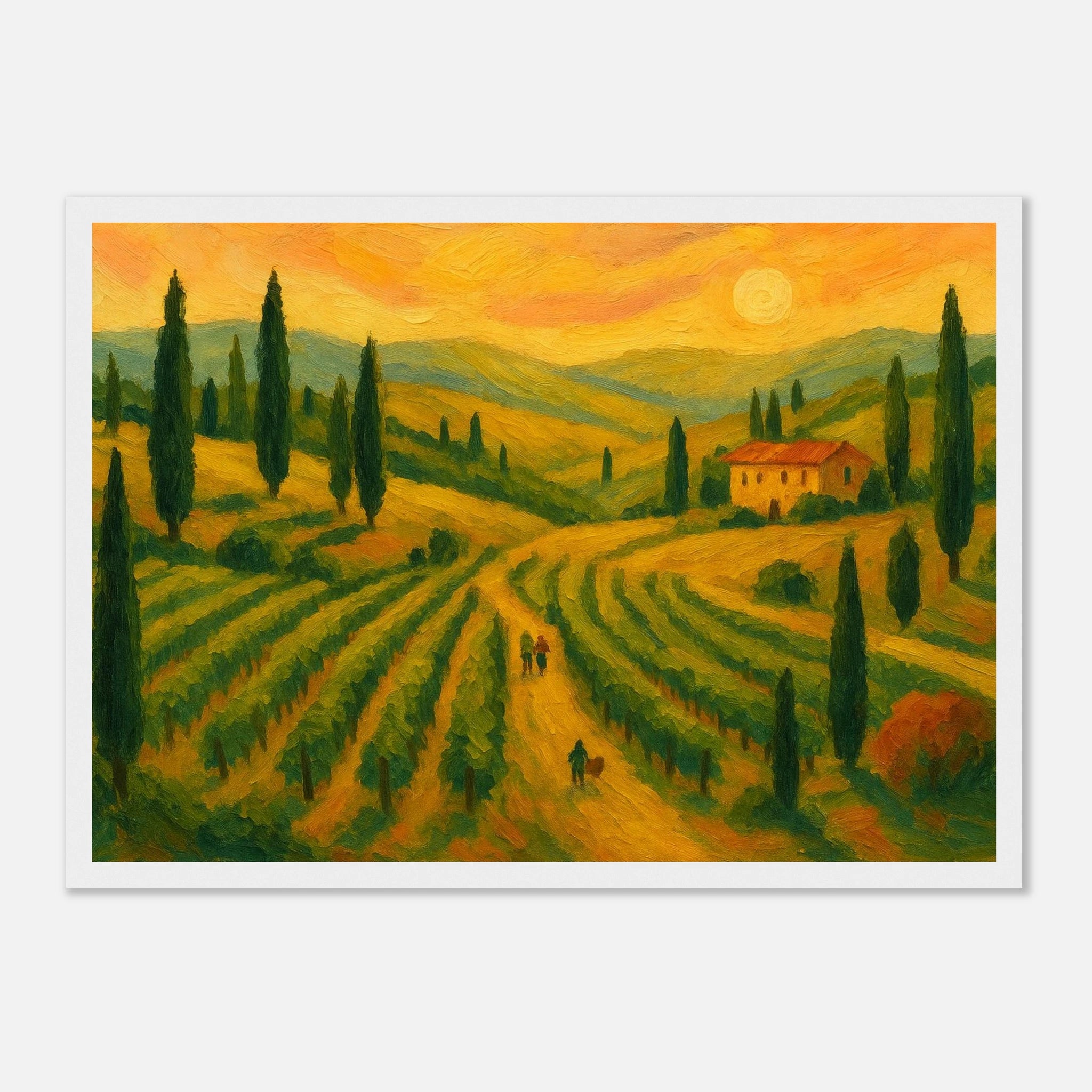 White frame A3 (29.7 x 42 cm) - “Sunset Over Tuscany” | Golden Vineyard Landscape - Play By Print