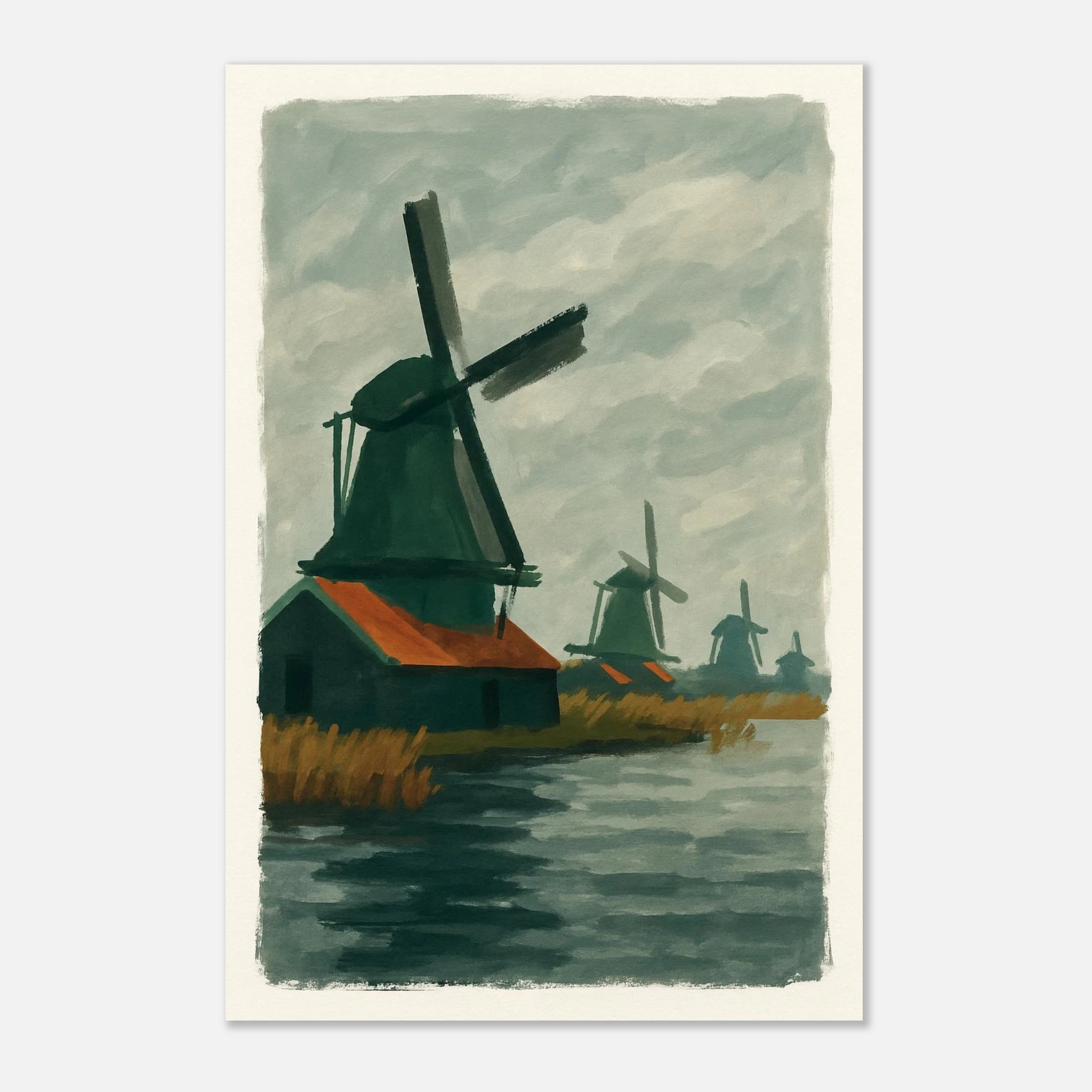 Unframed 60x90 cm 24x36″ - Dutch Windmills at Zaandam – Gouache-Style Art Print - Play By Print
