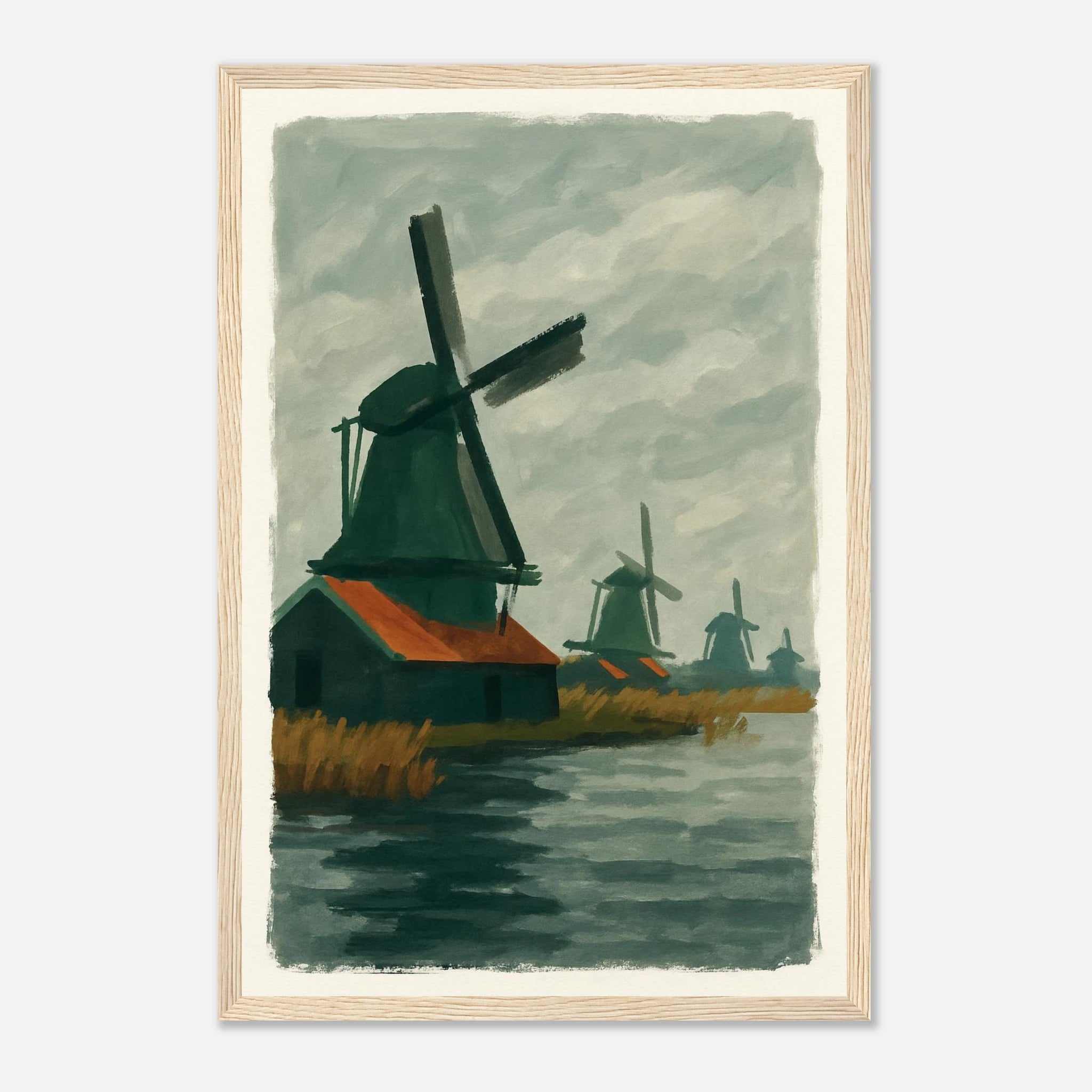 Wood frame 30x45 cm 12x18″ - Dutch Windmills at Zaandam – Gouache-Style Art Print - Play By Print