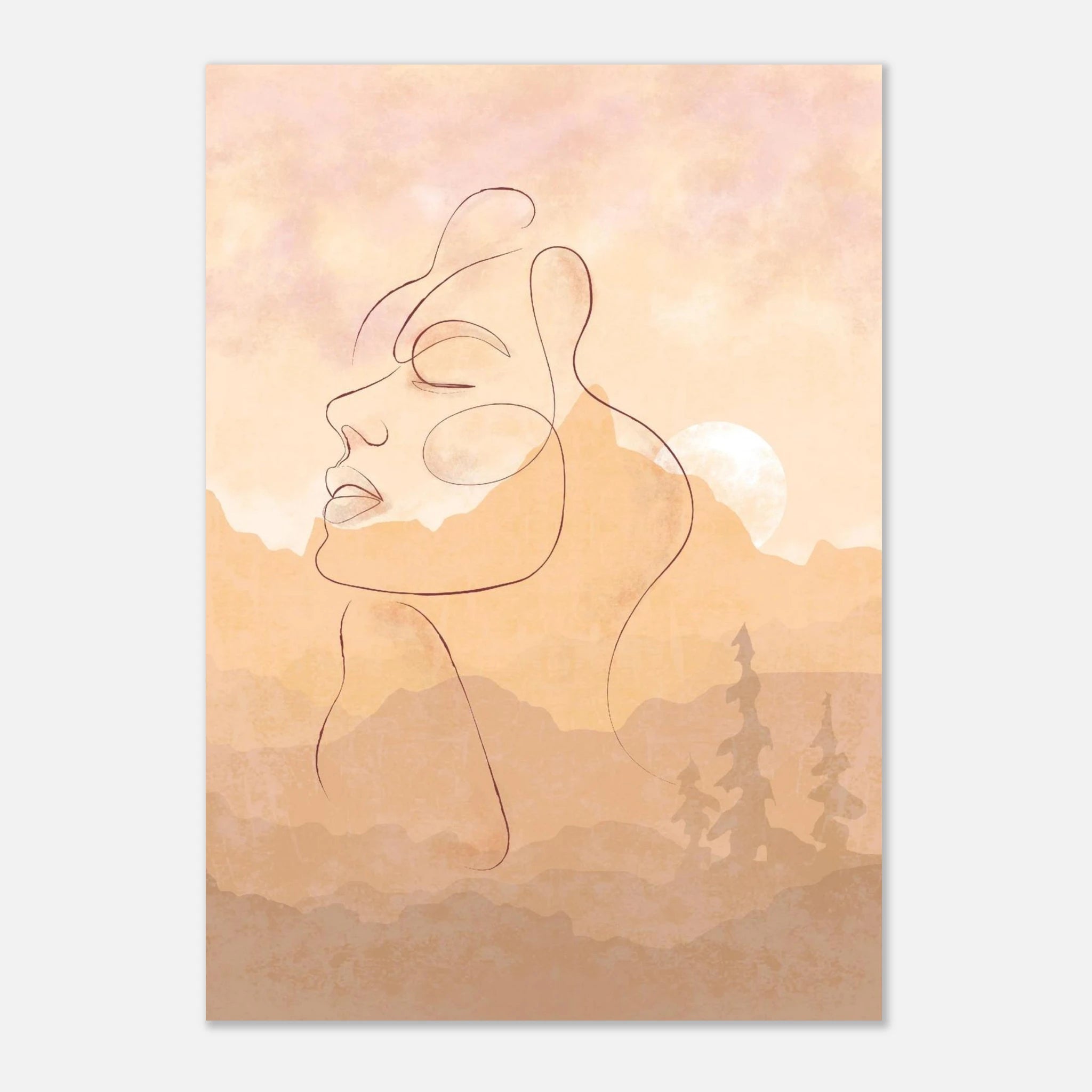 Unframed - Sunset Muse – Minimal Line Art Portrait with Blush Mountain Landscape - Daisy