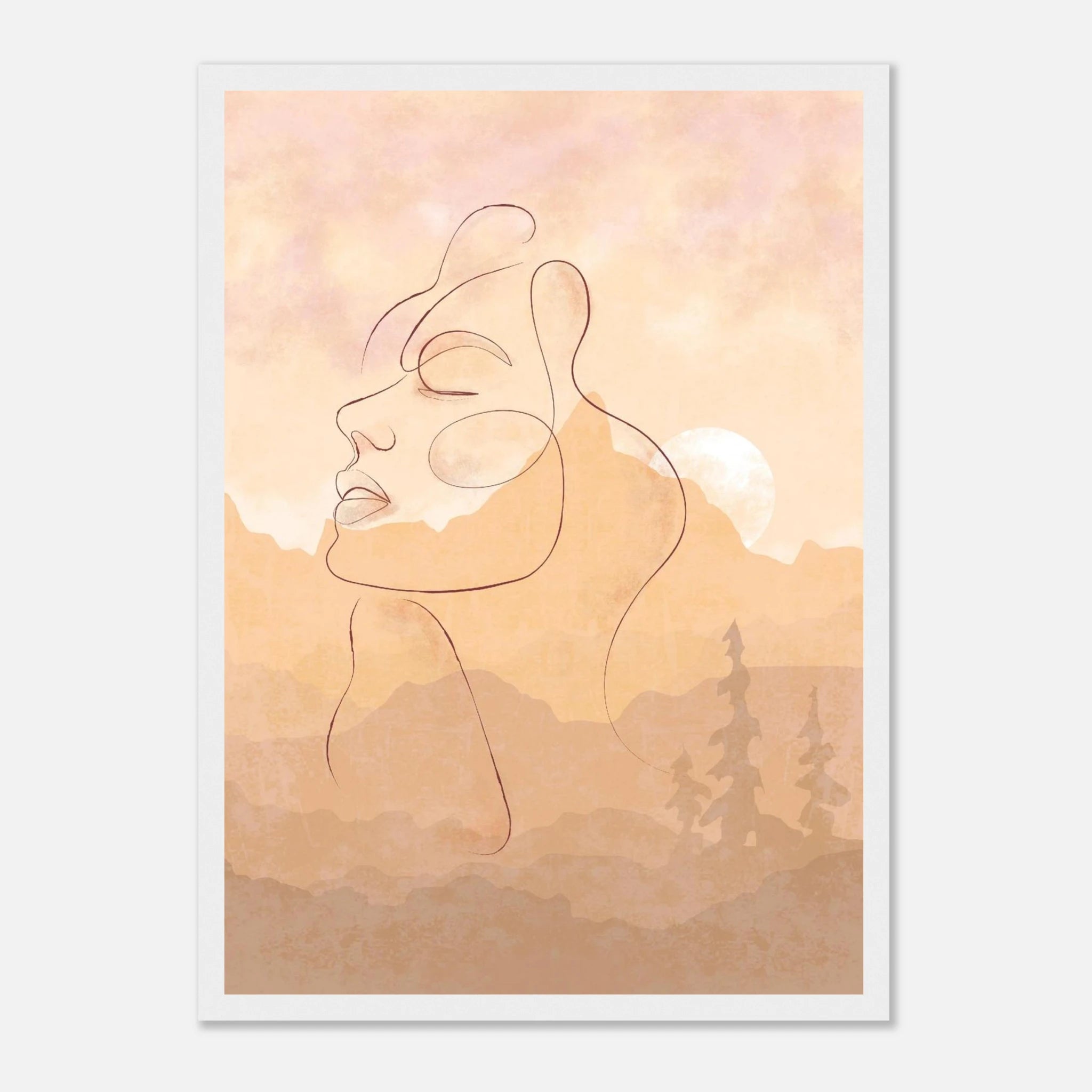 White frame - Sunset Muse – Minimal Line Art Portrait with Blush Mountain Landscape - Daisy