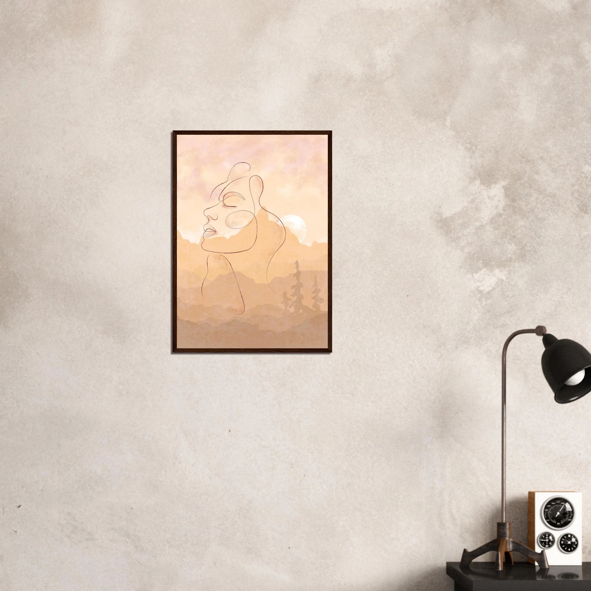 # all-groups - Sunset Muse – Minimal Line Art Portrait with Blush Mountain Landscape - Daisy