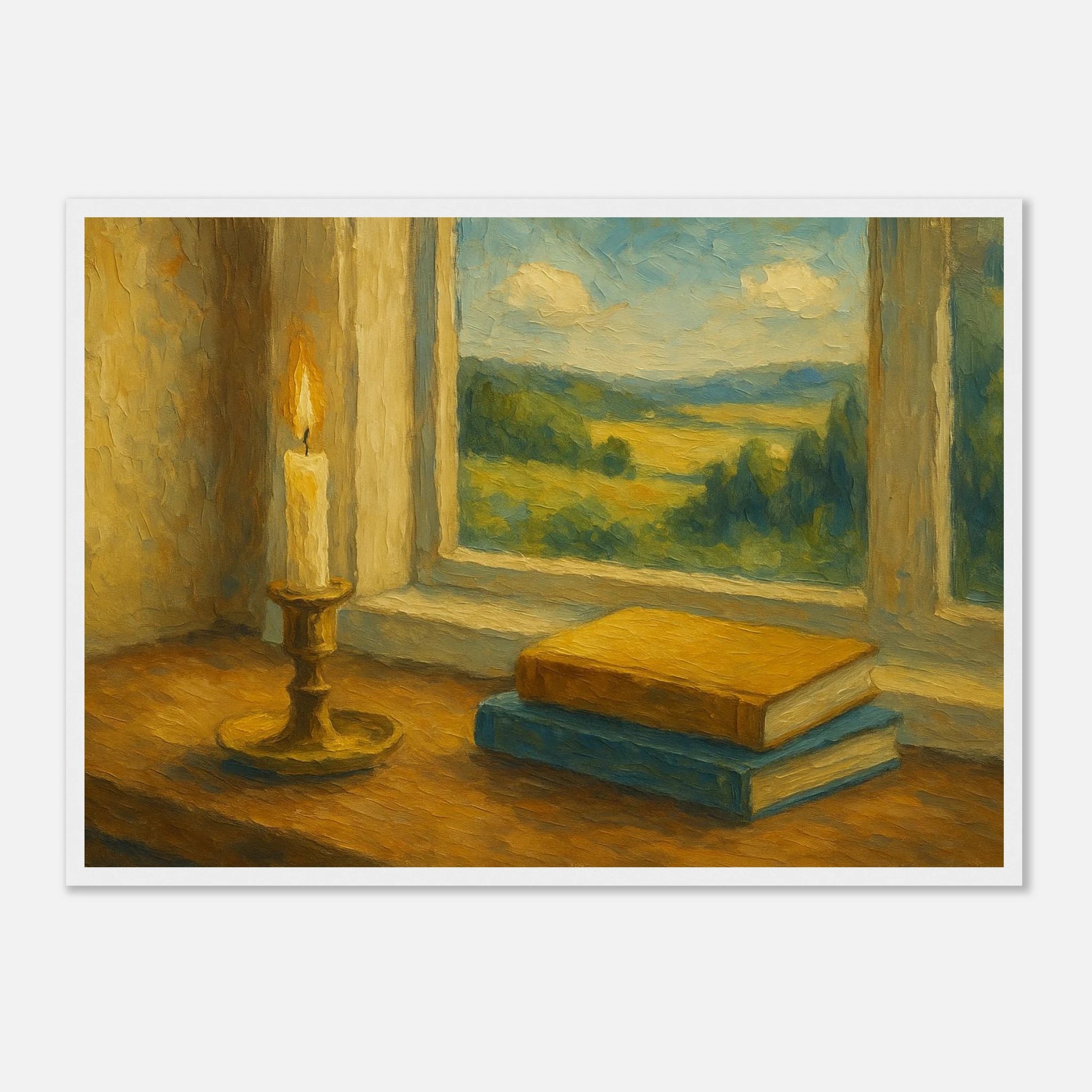 White frame A2 (42 x 59.4 cm) - “Golden Light & Quiet Pages” | Candlelit Window Still Life - Play By Print