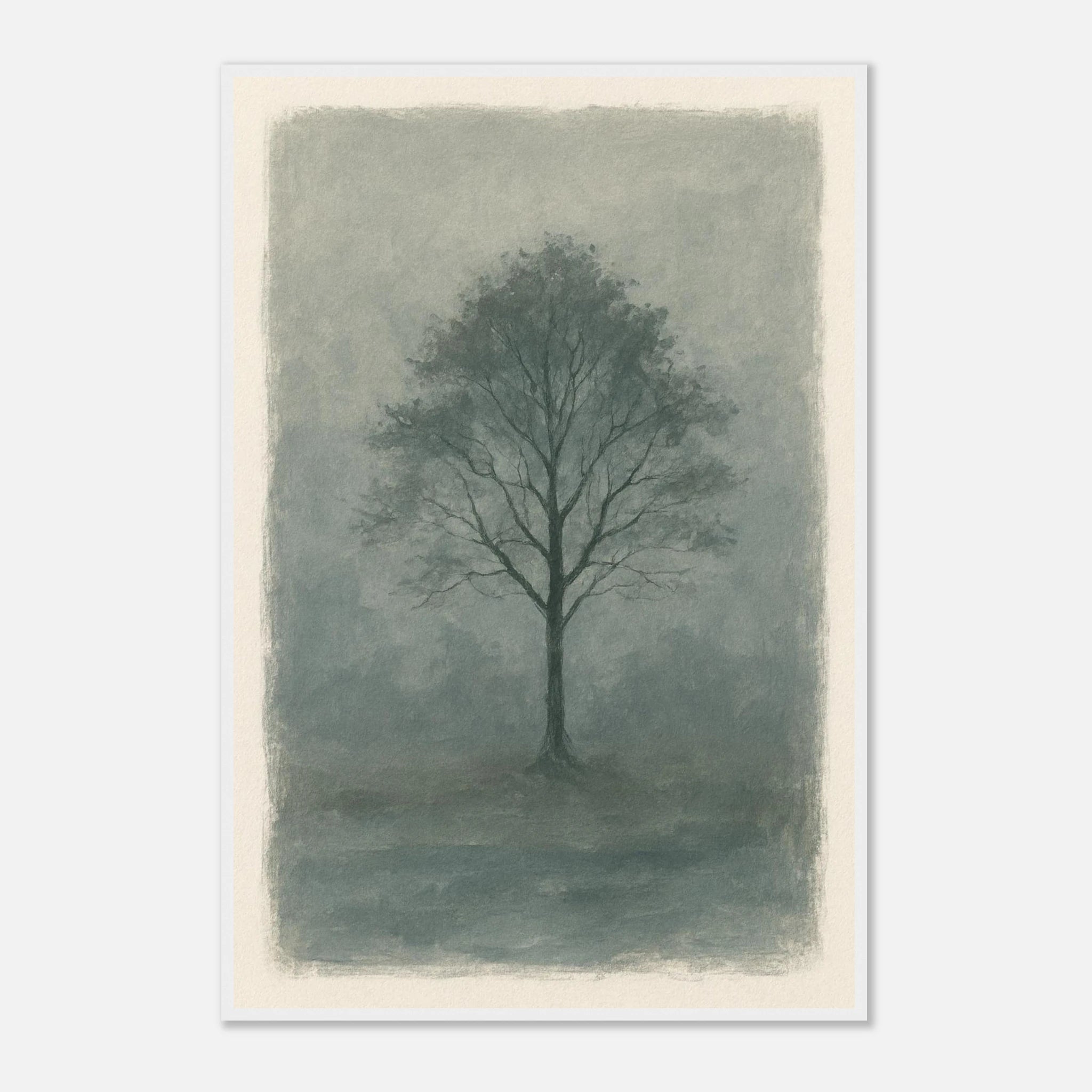 White frame 60x90 cm 24x36″ - Misty Monochrome Tree – Minimalist Landscape Art Print - Play By Print