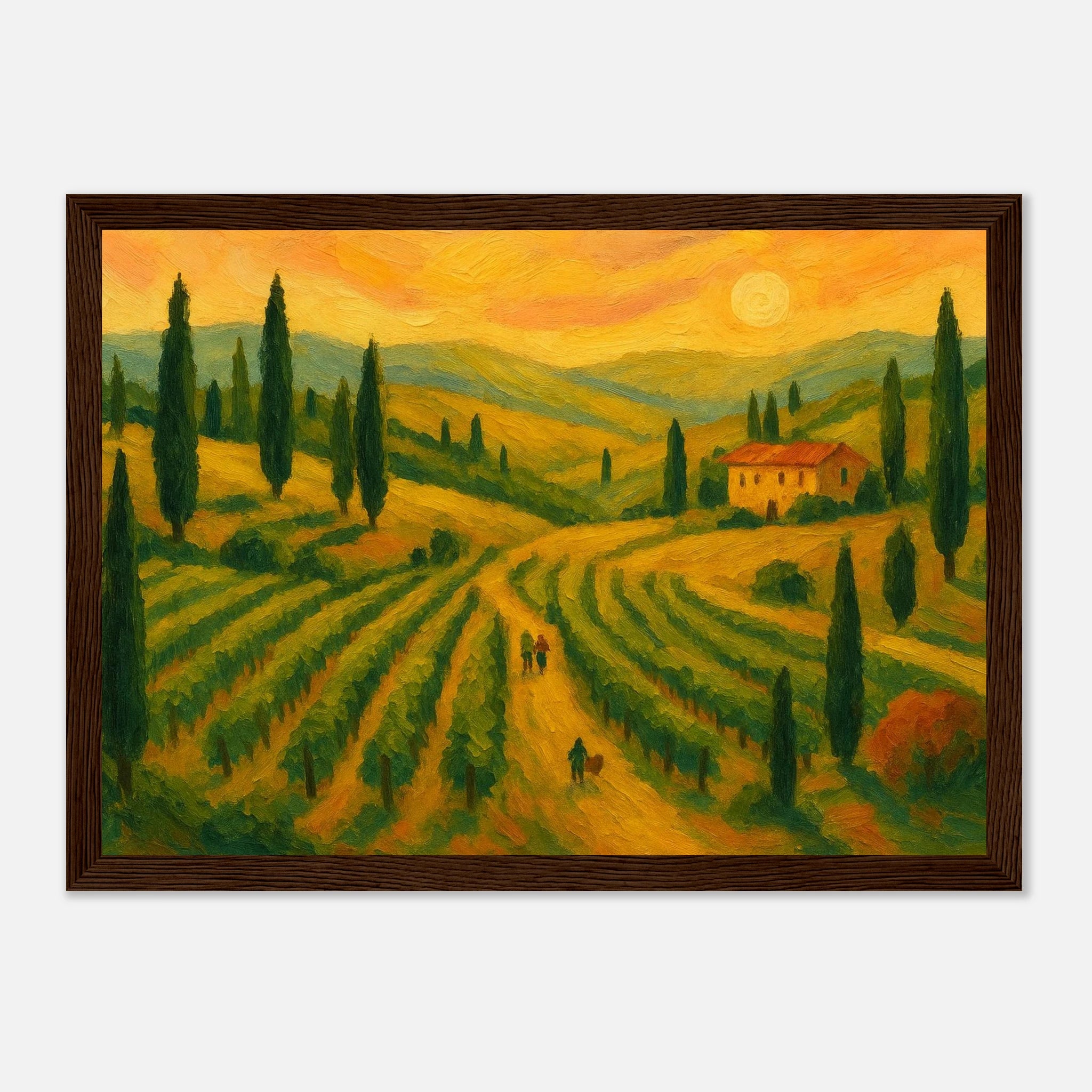 Dark wood frame 21x29.7 cm 8x12" - “Sunset Over Tuscany” | Golden Vineyard Landscape - Play By Print