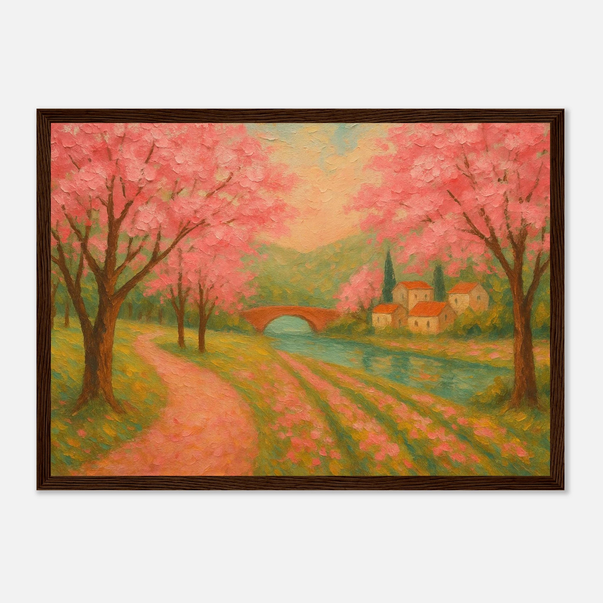 Dark wood frame A3 (29.7 x 42 cm) - Spring Cherry Blossom Lane – Pink Blossoms by the River Art Print - Play By Print