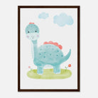 Dark wood frame - Blue Dinosaur Nursery Print | Watercolour Brachiosaurus Wall Art for Kids - Iris