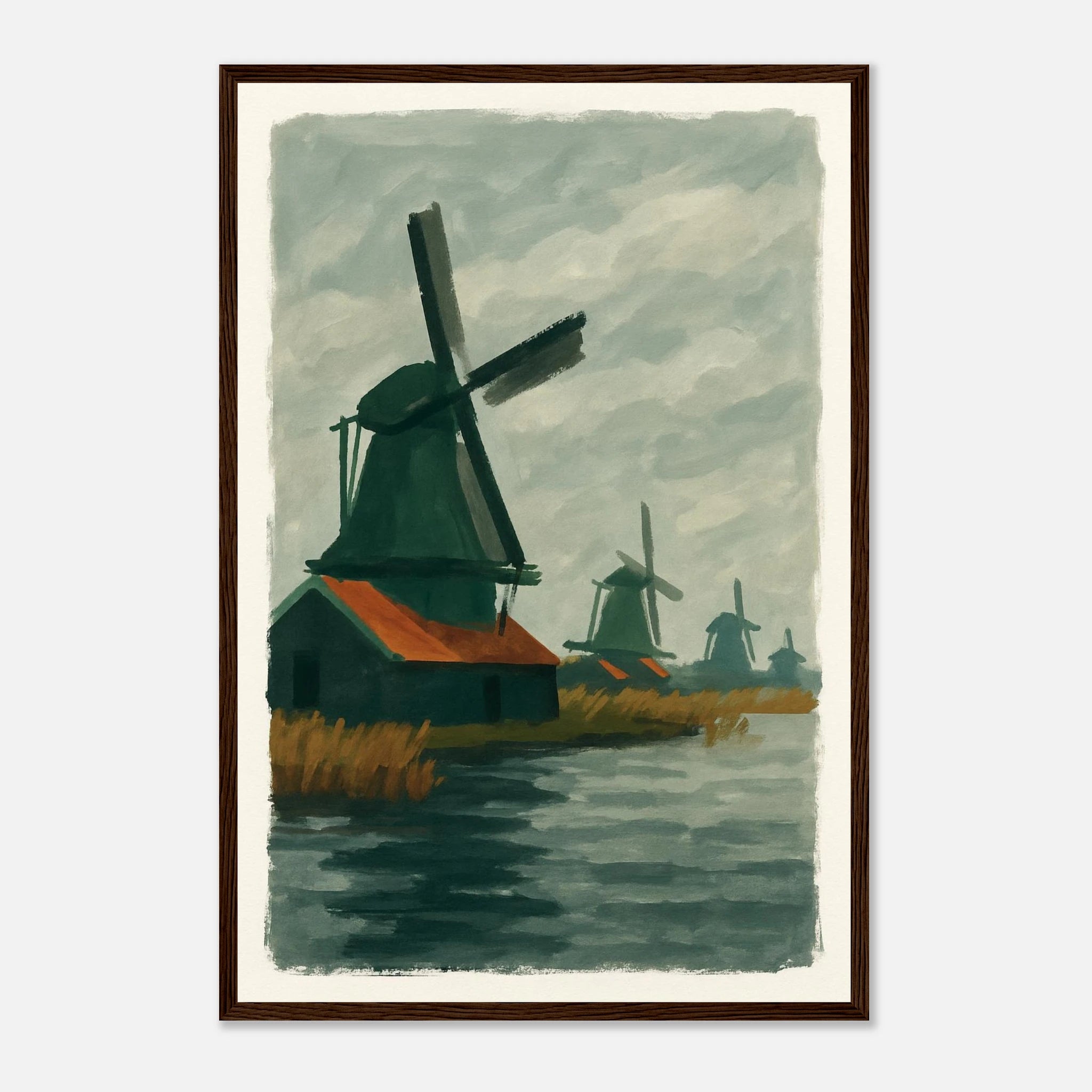 Dark wood frame 40x60 cm 16x24″ - Dutch Windmills at Zaandam – Gouache-Style Art Print - Play By Print