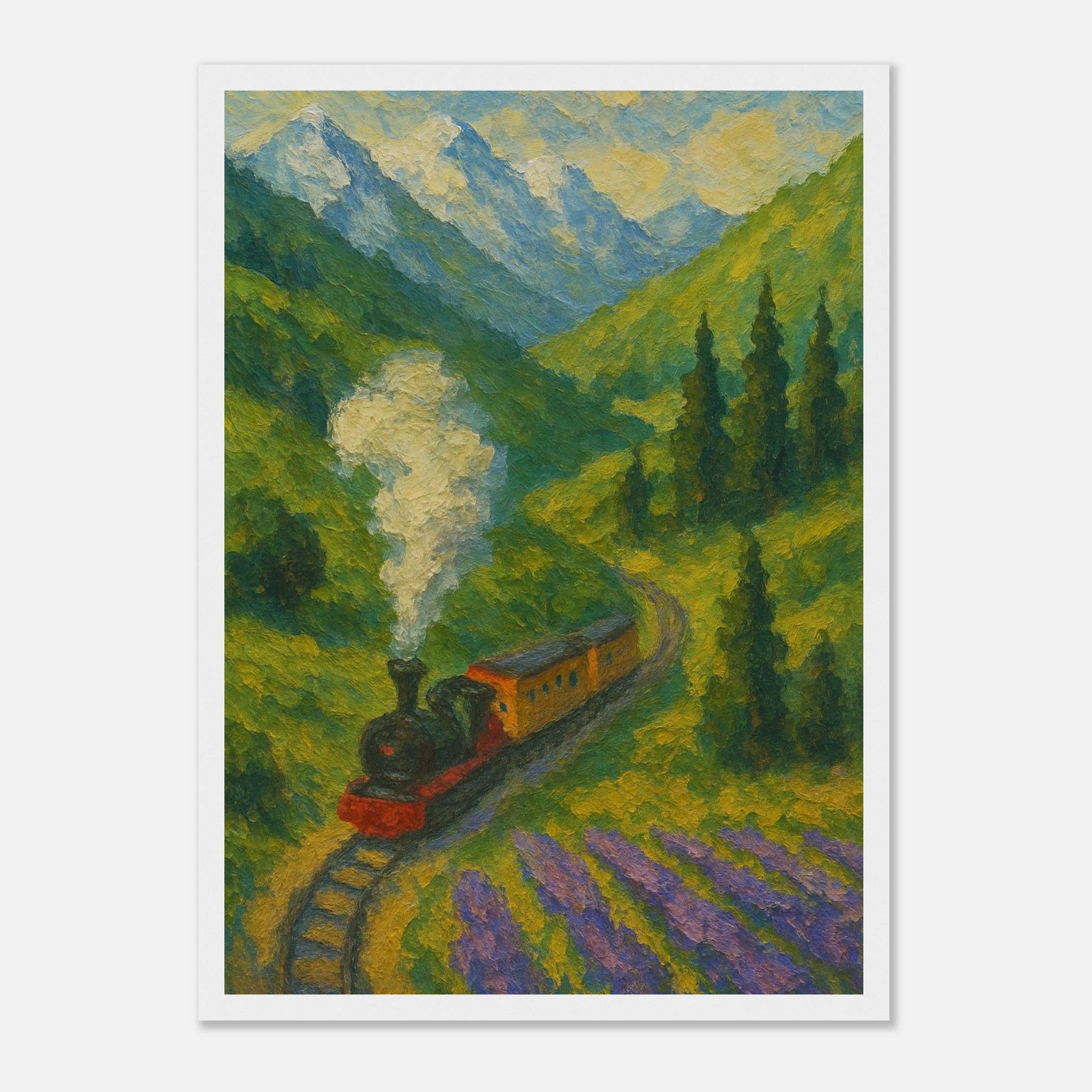 White frame A3 (29.7 x 42 cm) - Mountain Steam Train Wall Art | Textured Painterly Travel - Play By Print