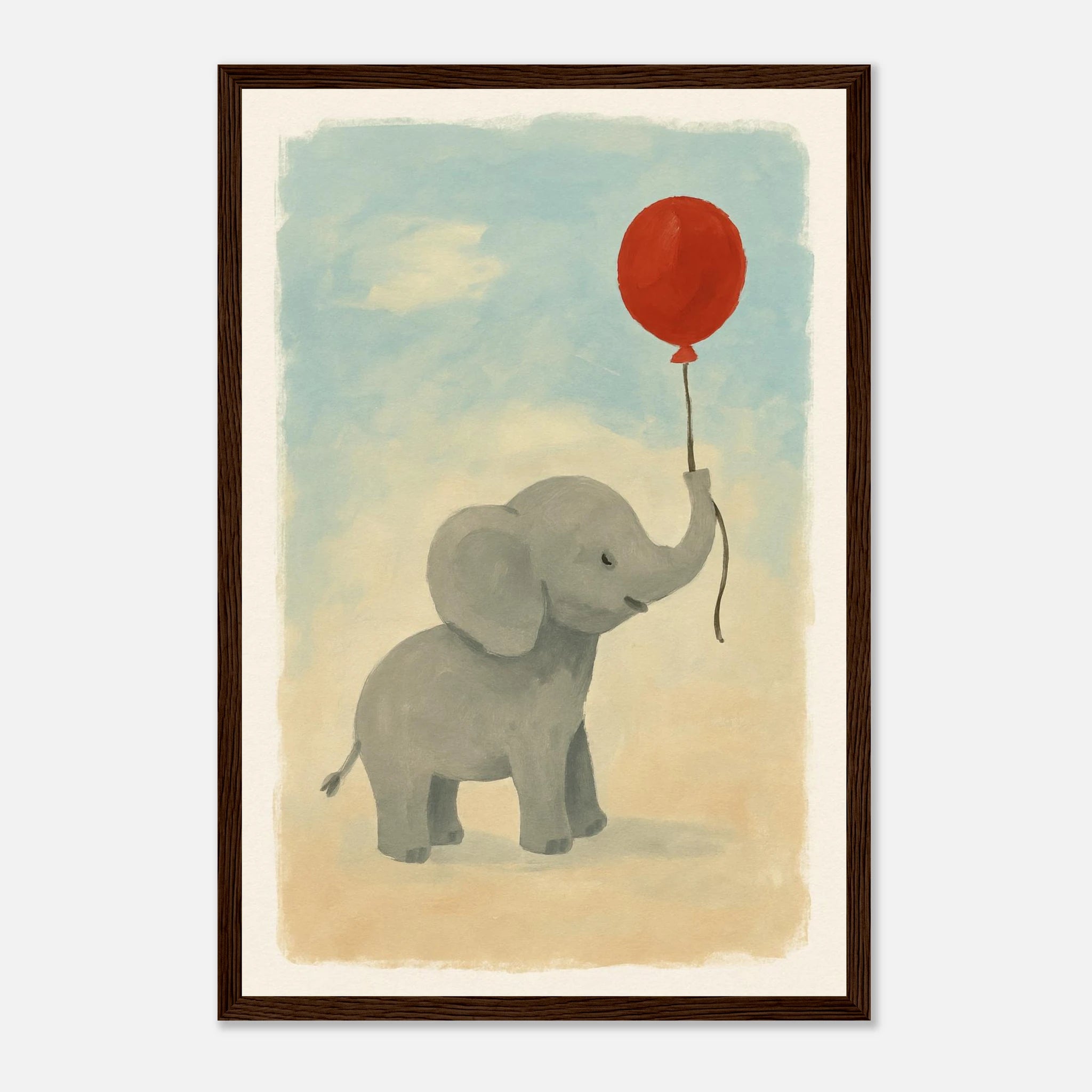 Dark wood frame 30x45 cm 12x18″ - Baby Elephant with Balloon – Gouache Nursery Art Print - Play By Print