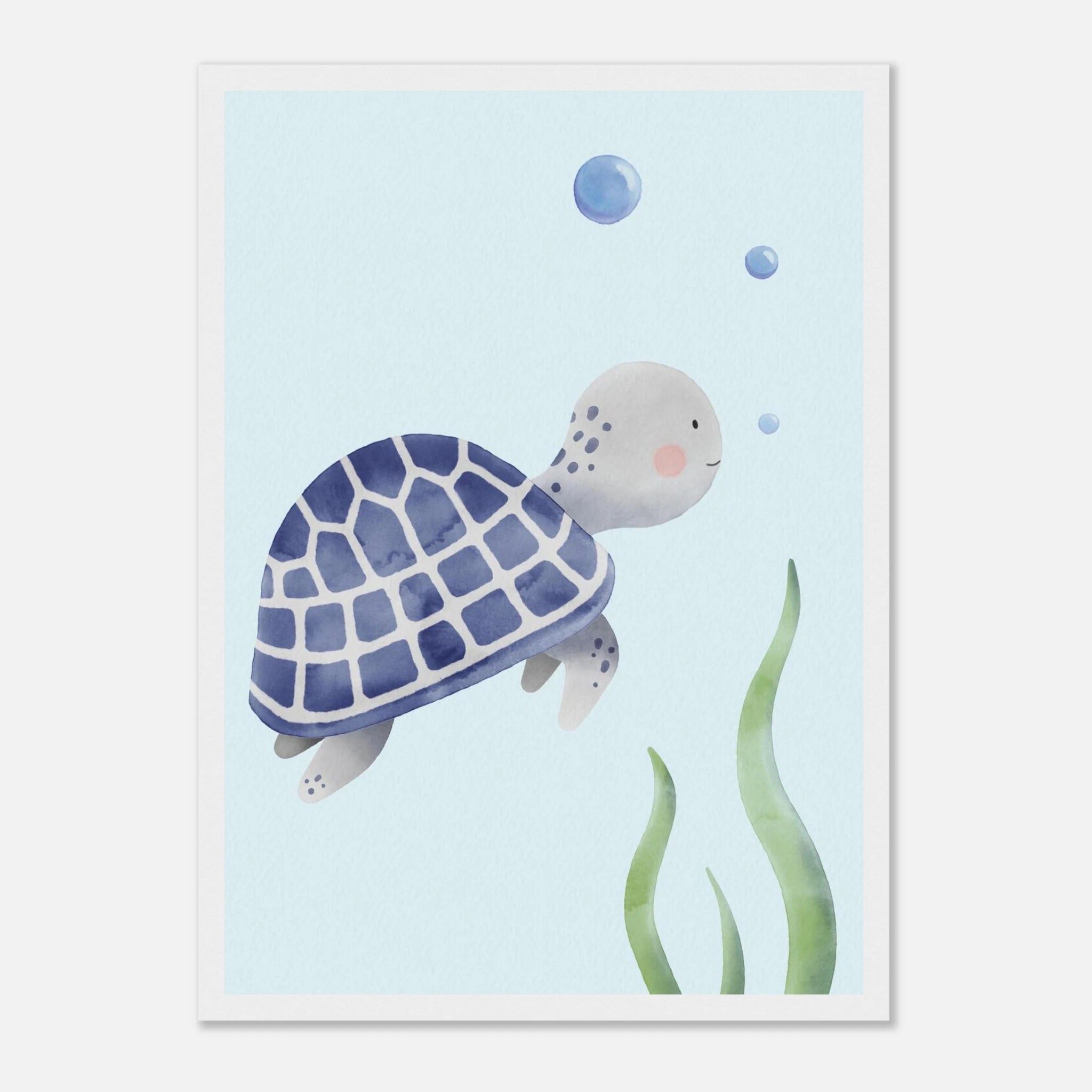 White frame A3 (29.7 x 42 cm) - Blue Sea Turtle Nursery Print | Watercolour Ocean Animal Wall Art for Kids - Iris