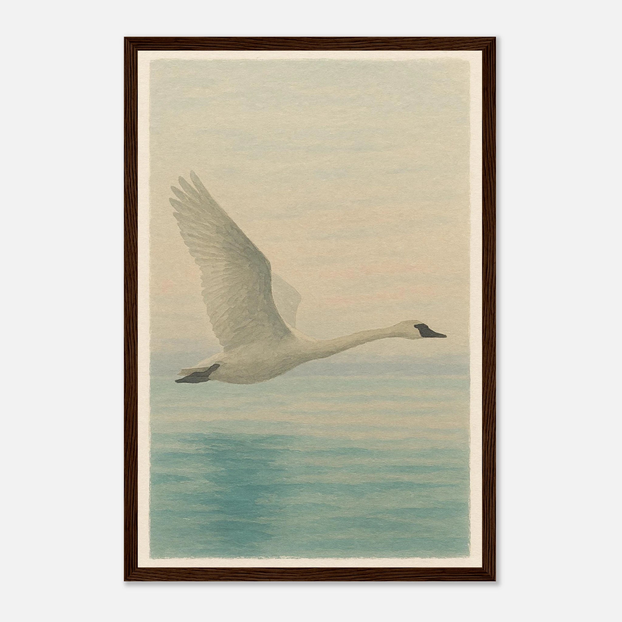 Dark wood frame 30x45 cm 12x18″ - Grace in Flight – Watercolour Swan Over Calm Waters - Play By Print