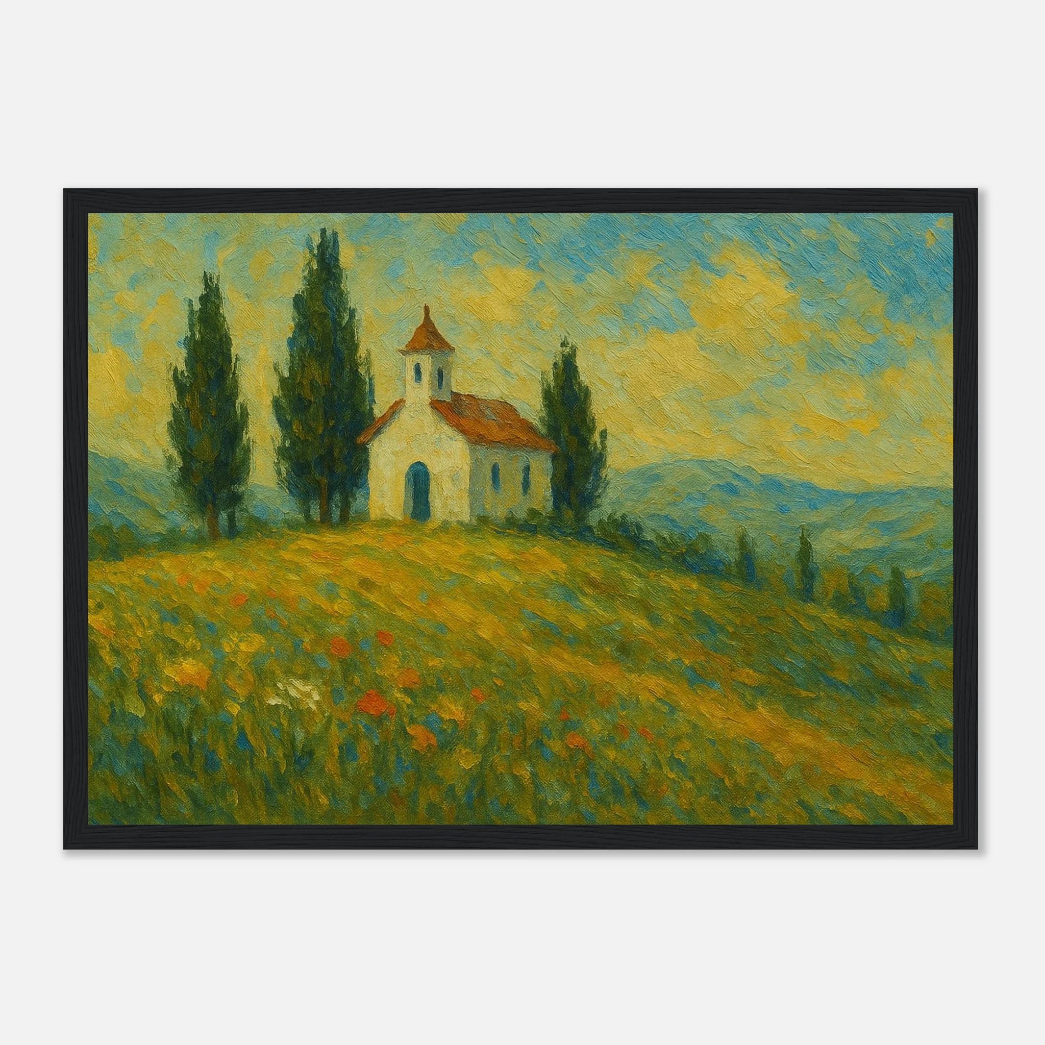 Black frame A3 (29.7 x 42 cm) - “Chapel on the Hill” | Countryside Church Landscape Print - Play By Print