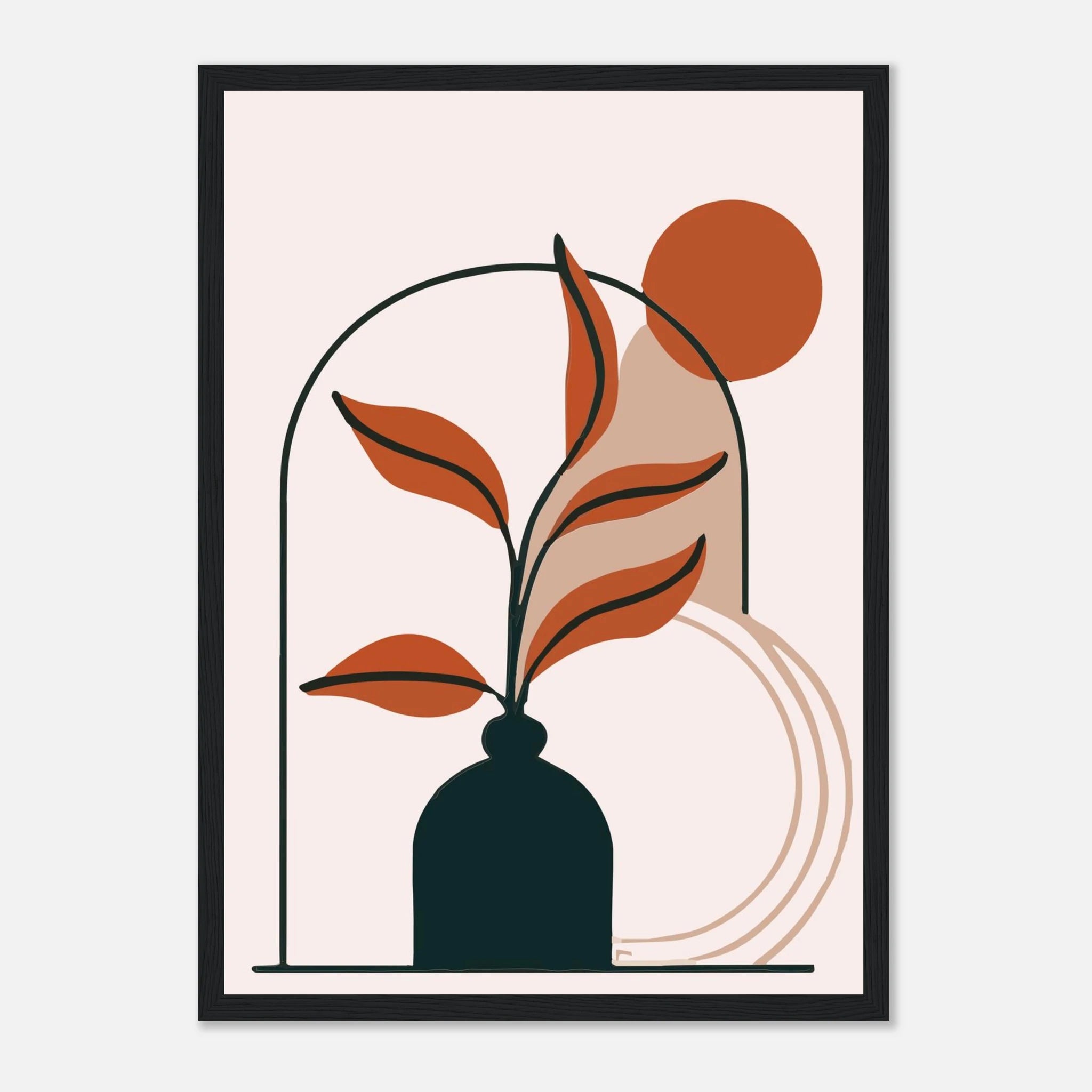 Black frame - Terracotta Leaves in Vase Modern Abstract Wall Art - Jerin